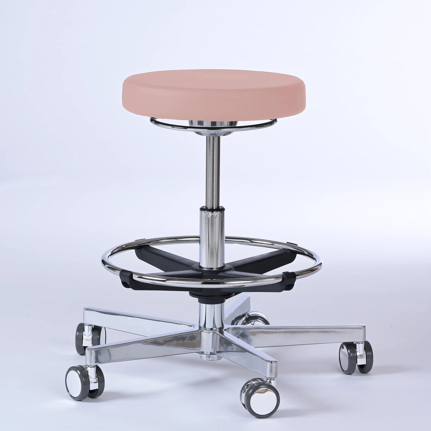 Drehhocker Lantinus – Gestell chrom mit Rollen – ergonomischer Praxishocker - rosa (4956) / Große Sitzfläche / Mit Fußstütze - Lacontaire