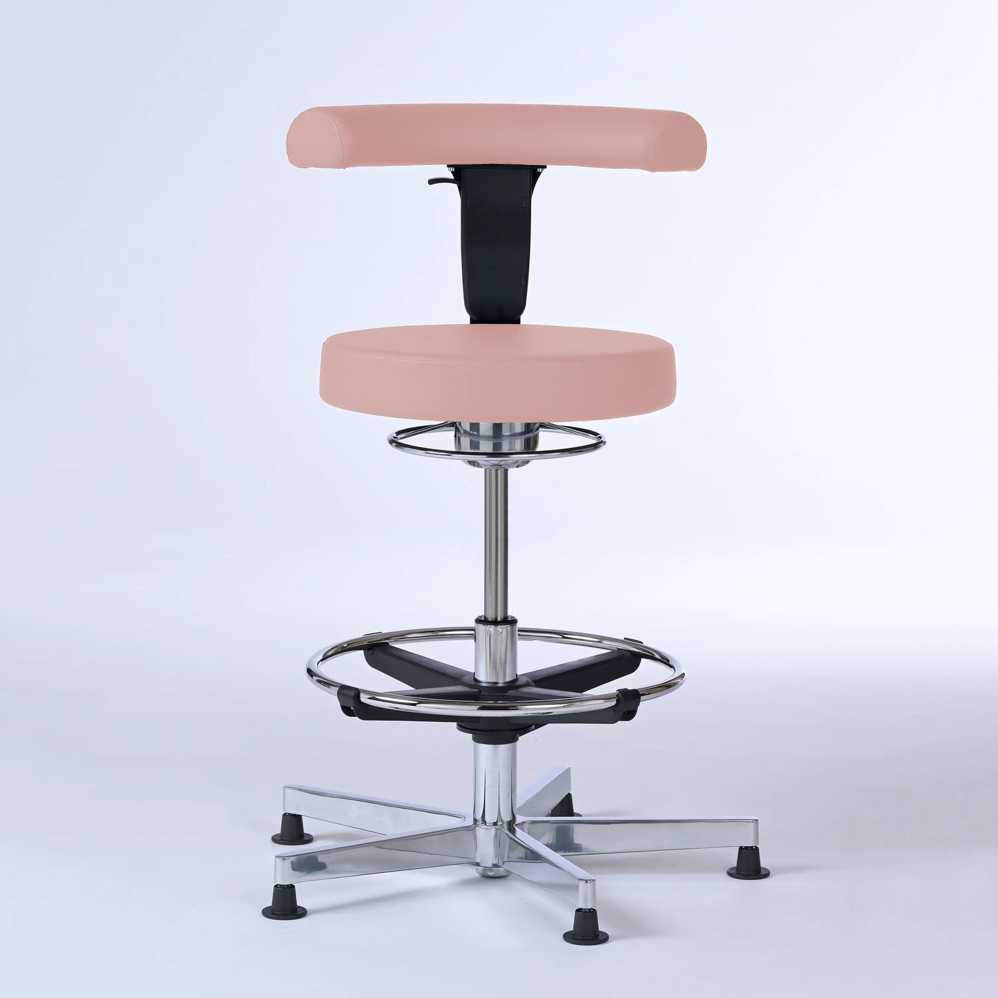 Stehhocker mit Rückenlehne Lantinus – Gestell chrom mit Gleitern – ergonomischer Drehhocker - rosa (4956) / Große Sitzfläche / Mit Fußstütze - Lacontaire