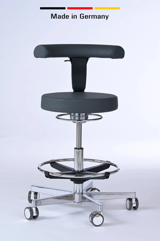 Drehhocker Lantinus – Gestell chrom mit Rollen und Rückenlehne – ergonomischer Praxishocker Lacontaire