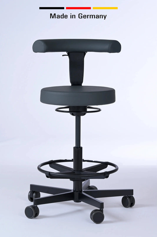 Drehhocker mit Rückenlehne Lantinus – Gestell Aluminium mit Rollen – ergonomischer Praxishocker - Made in Germany - Lacontaire