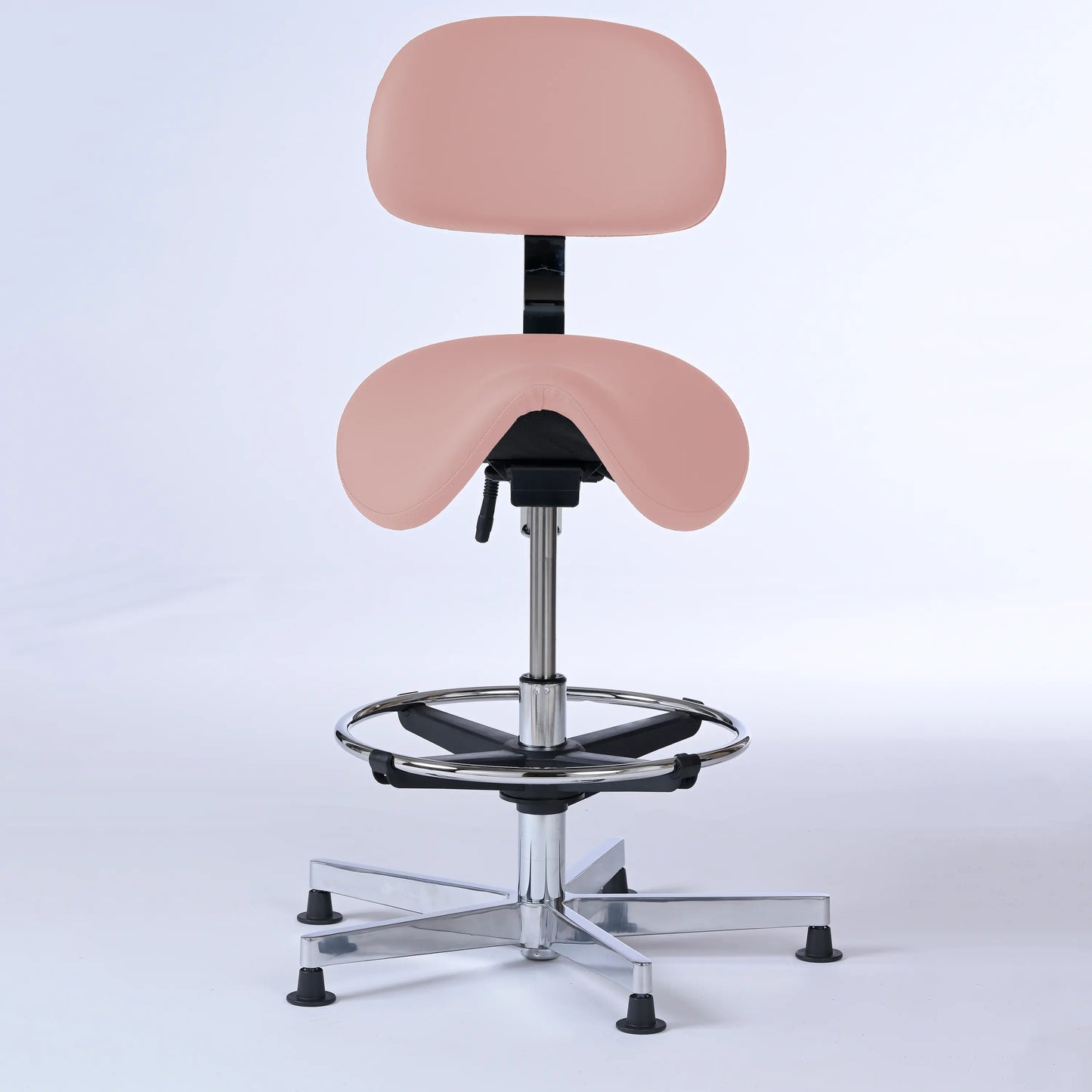 Stehhocker mit Rückenlehne Garwin – Gestell chrom mit Gleitern - ergonomischer Sattelhocker - rosa (4956) / Mit Fußstütze - Lacontaire