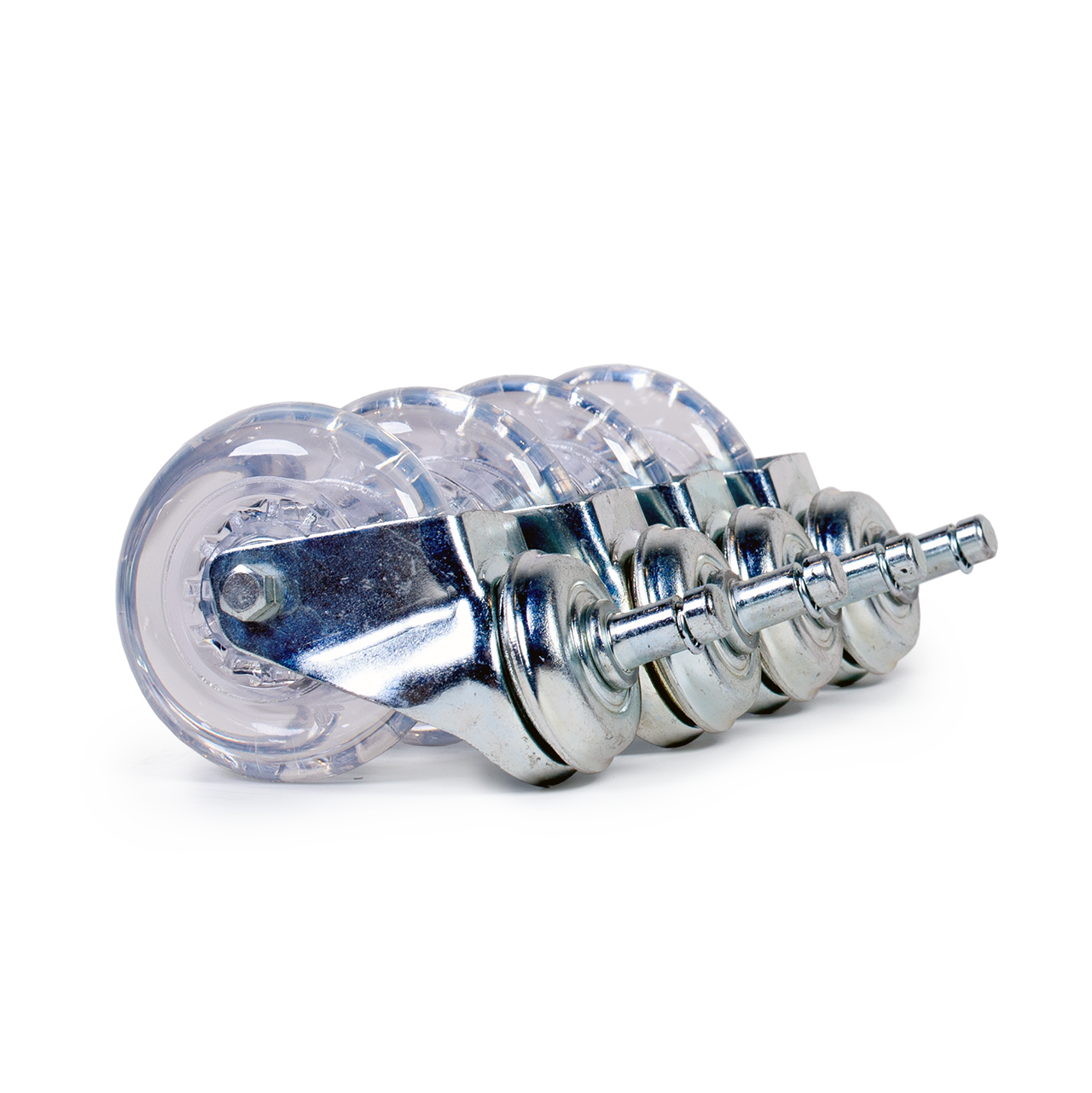 Satz transparenter 75 mm Universalrollen aus Elastik-Polyurethan mit Edelstahl-Radkern, geeignet für medizinische Bereiche, Hart- und Teppichböden.