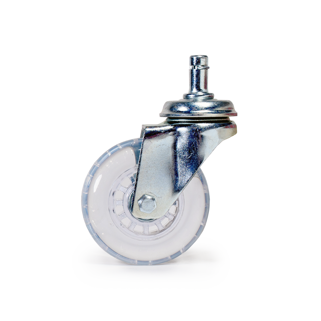 Satz transparenter 75 mm Universalrollen aus Elastik-Polyurethan mit Edelstahl-Radkern, geeignet für medizinische Bereiche, Hart- und Teppichböden.