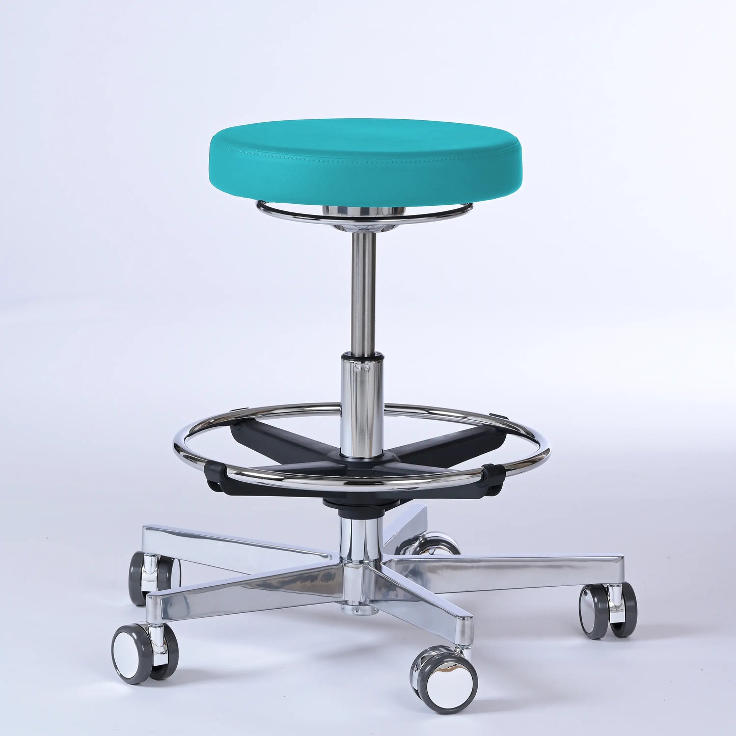 Drehhocker Lantinus – Gestell chrom mit Rollen – ergonomischer Praxishocker - türkis (4946) / Große Sitzfläche / Mit Fußstütze - Lacontaire