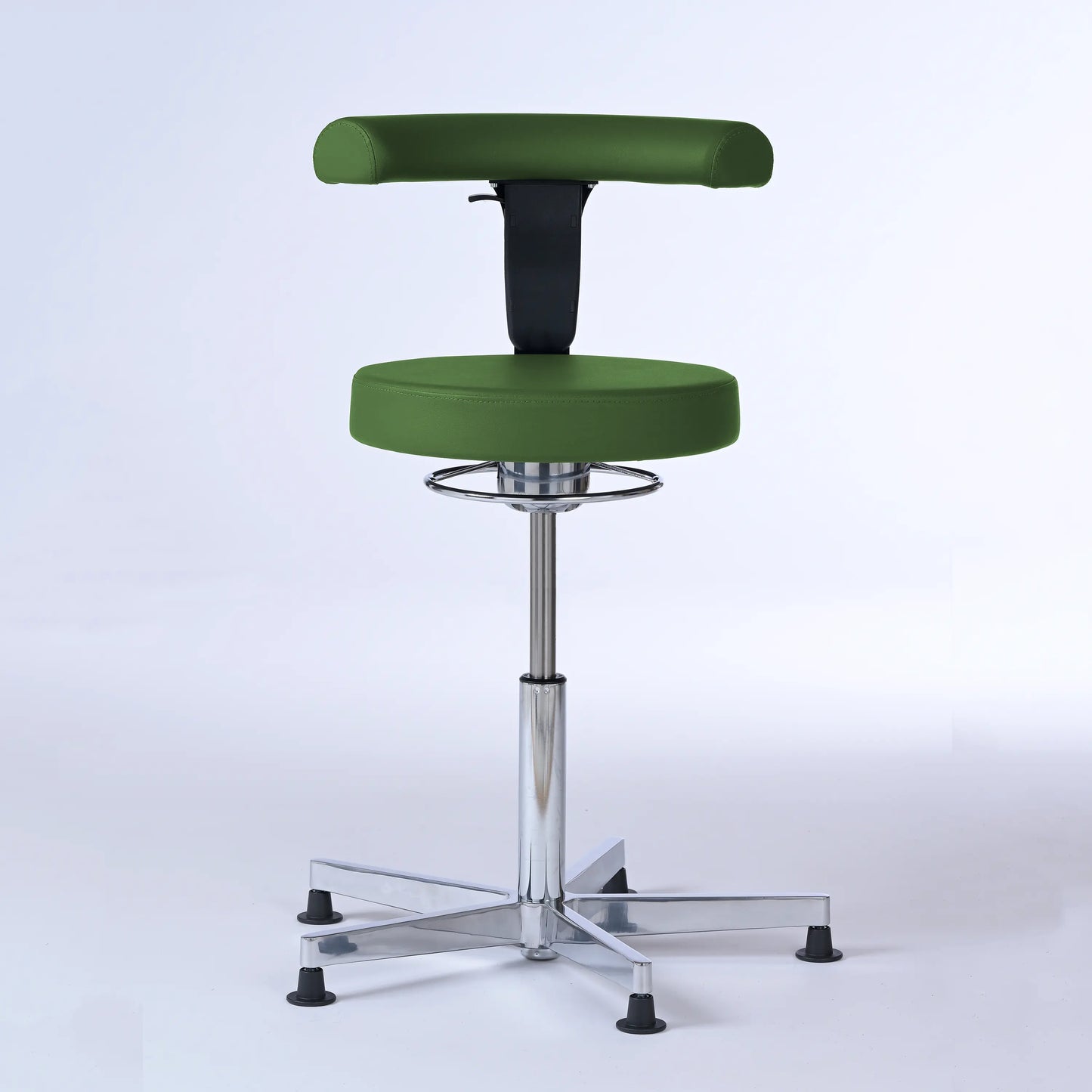 Stehhocker mit Rückenlehne Lantinus – Gestell chrom mit Gleitern – ergonomischer Drehhocker - olivgrün (4943) / Große Sitzfläche / Ohne Fußstütz - Lacontaire