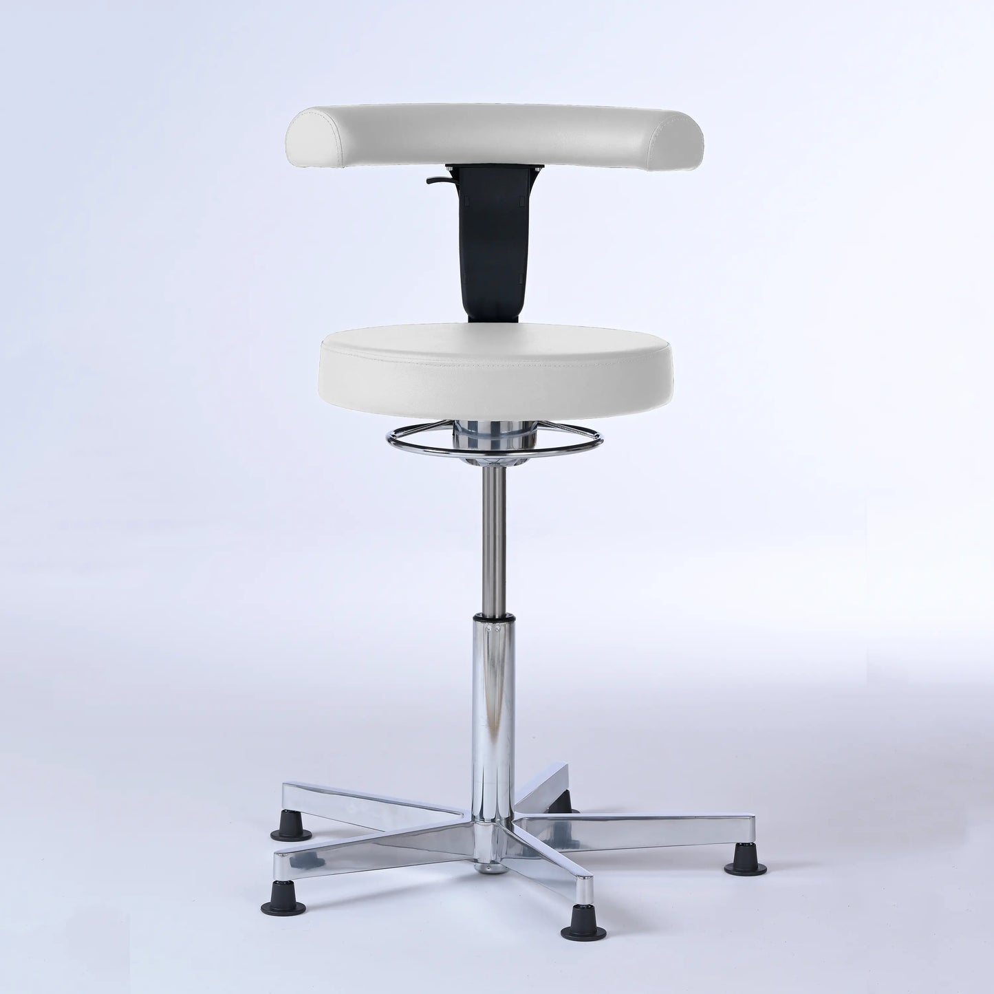 Stehhocker mit Rückenlehne Lantinus – Gestell chrom mit Gleitern – ergonomischer Drehhocker - weiß (4903) / Große Sitzfläche / Ohne Fußstütze - Lacontaire
