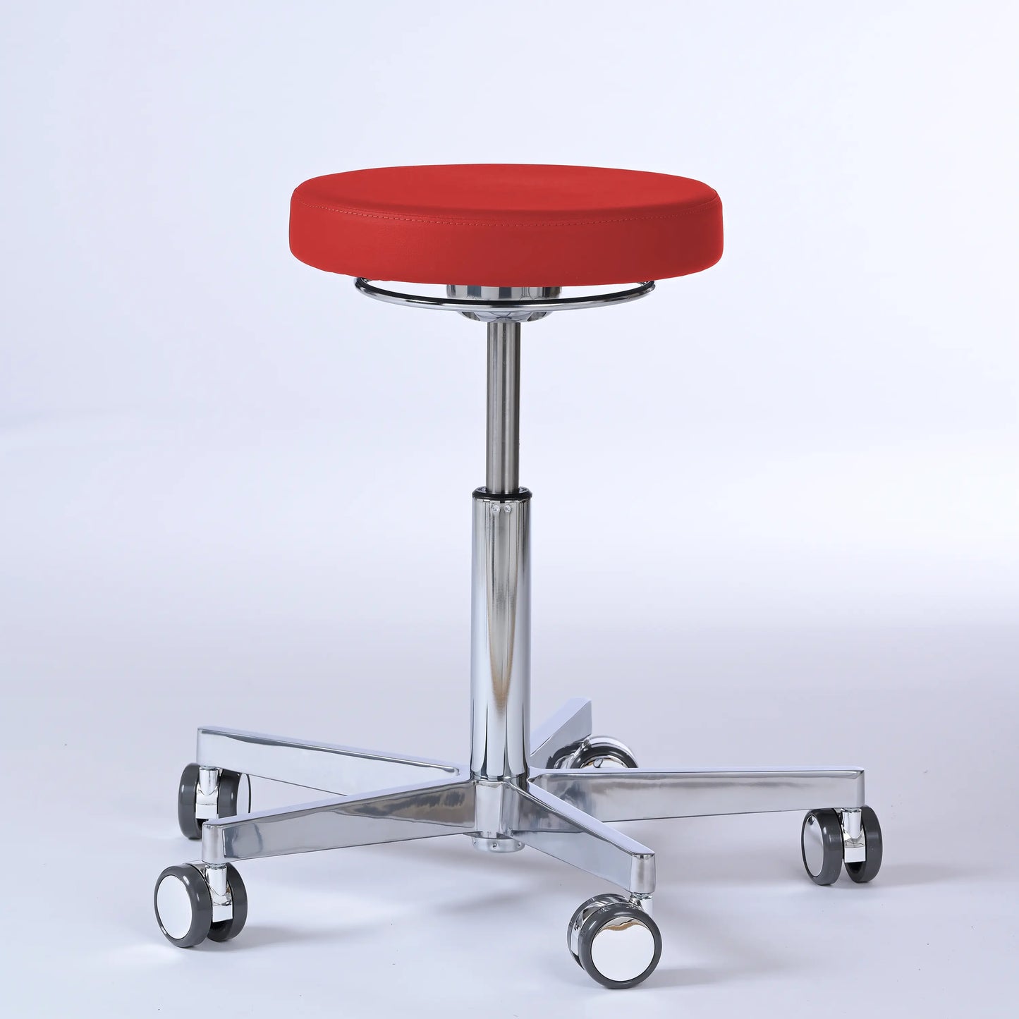Drehhocker Lantinus – Gestell chrom mit Rollen – ergonomischer Praxishocker - rot (4952) / Große Sitzfläche / Ohne Fußstütze - Lacontaire