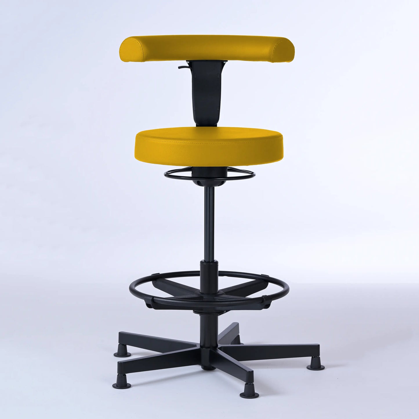 Stehhocker mit Rückenlehne Lantinus – Gestell Aluminium mit Gleitern – ergonomischer Drehhocker - gelb (4924) / Große Sitzfläche / Mit Fußstütze - Lacontaire