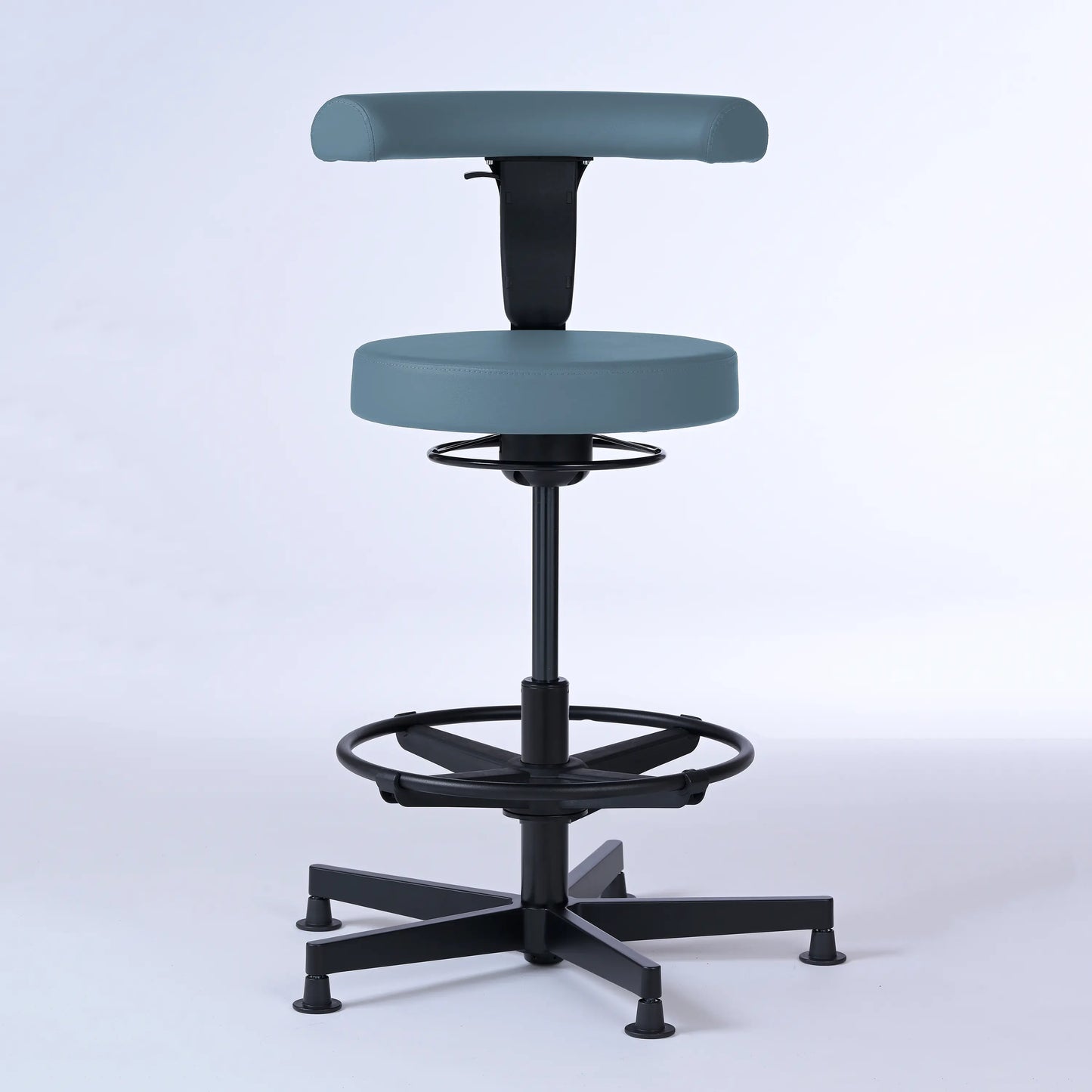 Stehhocker mit Rückenlehne Lantinus – Gestell Aluminium mit Gleitern – ergonomischer Drehhocker - graublau (4902) / Große Sitzfläche / Mit Fußstütze - Lacontaire