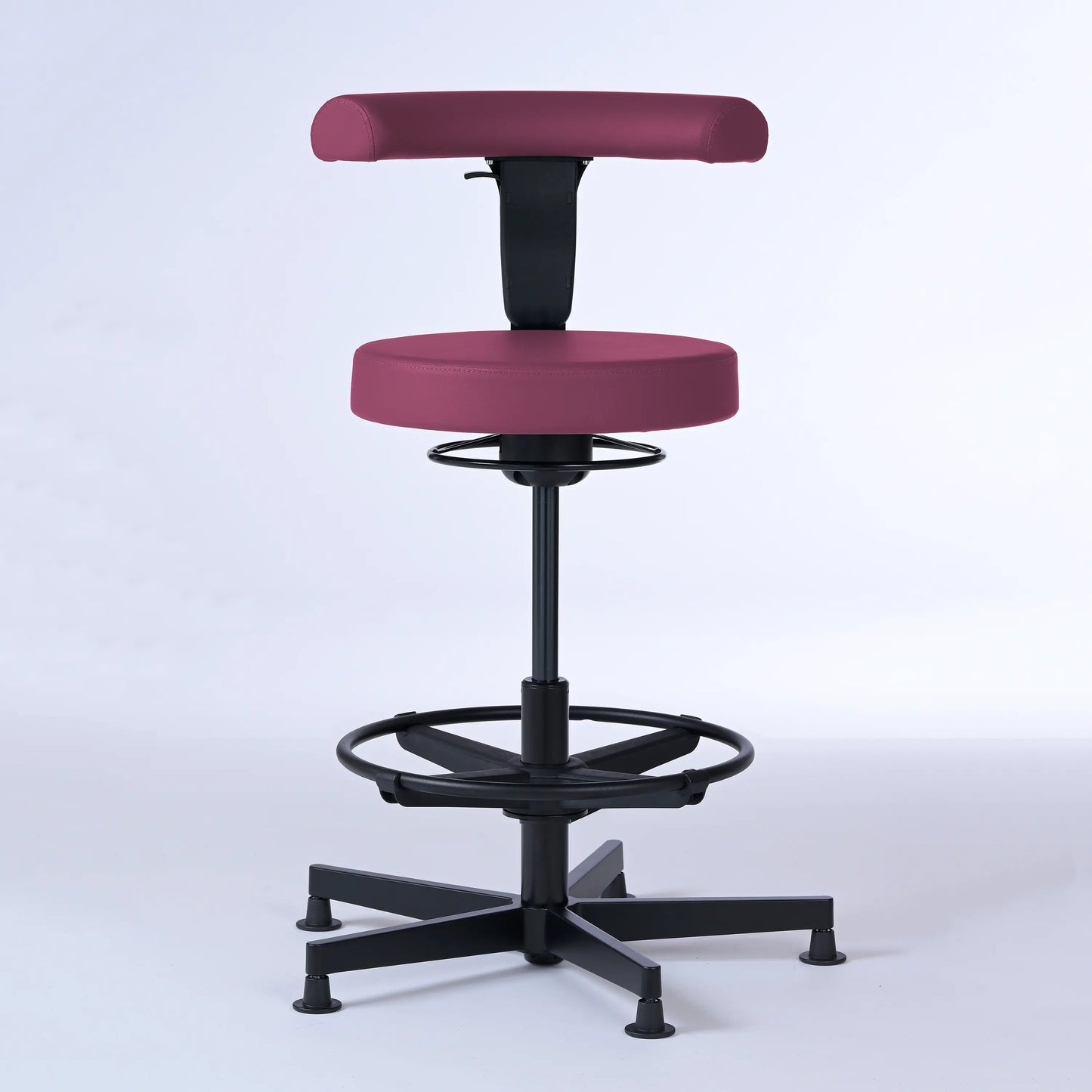 Stehhocker mit Rückenlehne Lantinus – Gestell Aluminium mit Gleitern – ergonomischer Drehhocker - lila (4958) / Große Sitzfläche / Mit Fußstütze - Lacontaire