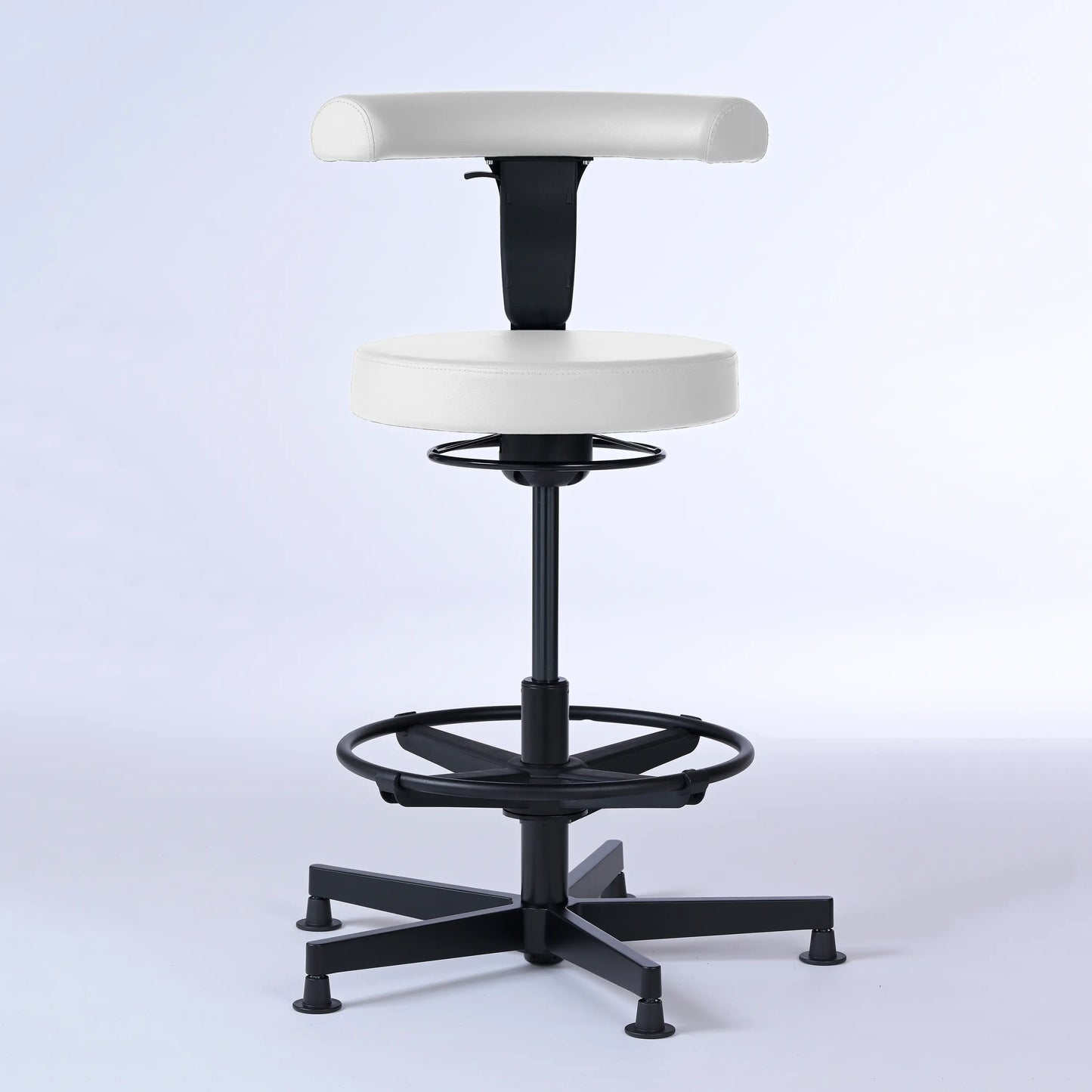 Stehhocker mit Rückenlehne Lantinus – Gestell Aluminium mit Gleitern – ergonomischer Drehhocker - weiß (4903) / Große Sitzfläche / Mit Fußstütze - Lacontaire