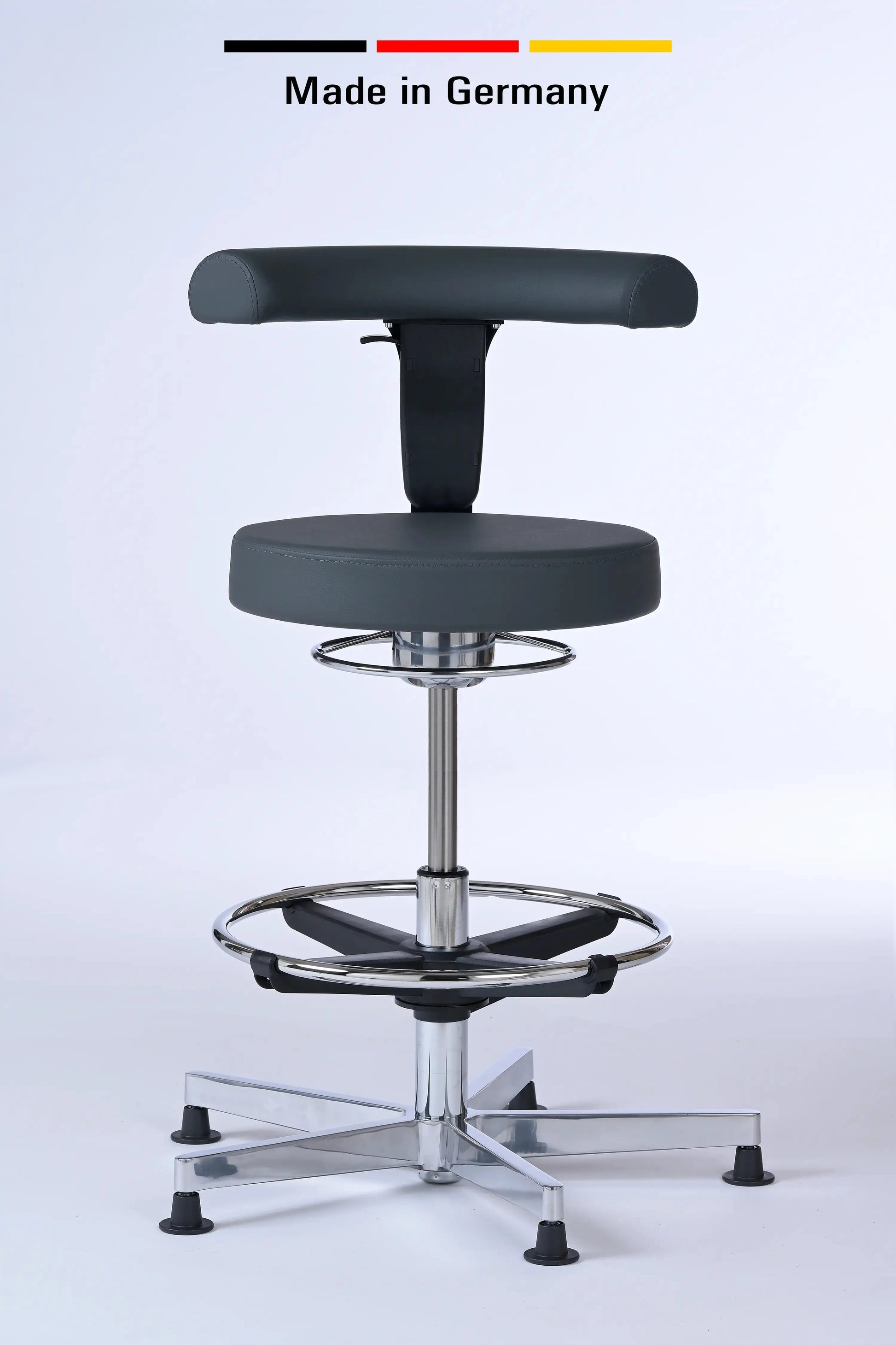 Drehhocker Lantinus – Gestell chrom mit Gleitern und Rückenlehne – ergonomischer Praxishocker Lacontaire