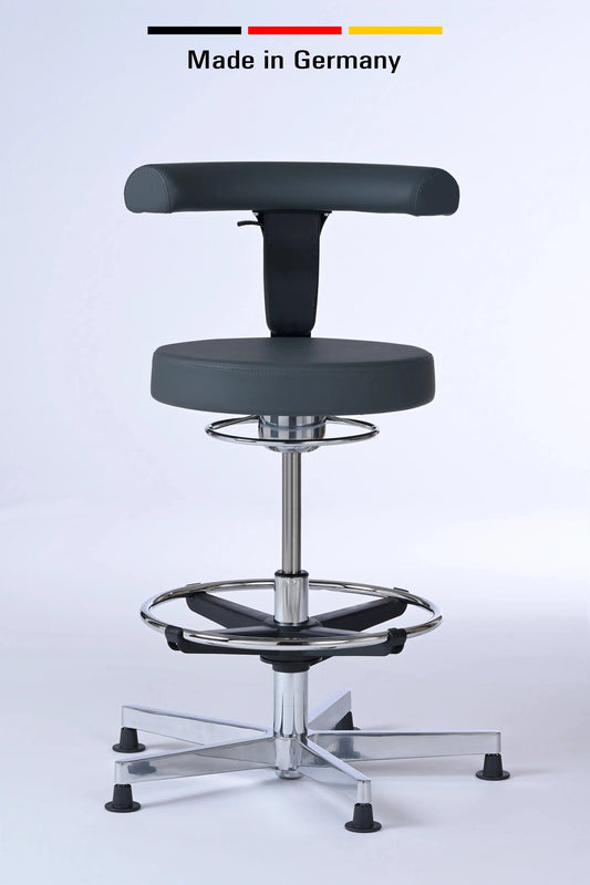 Drehhocker Lantinus – Gestell chrom mit Gleitern und Rückenlehne – ergonomischer Praxishocker Lacontaire