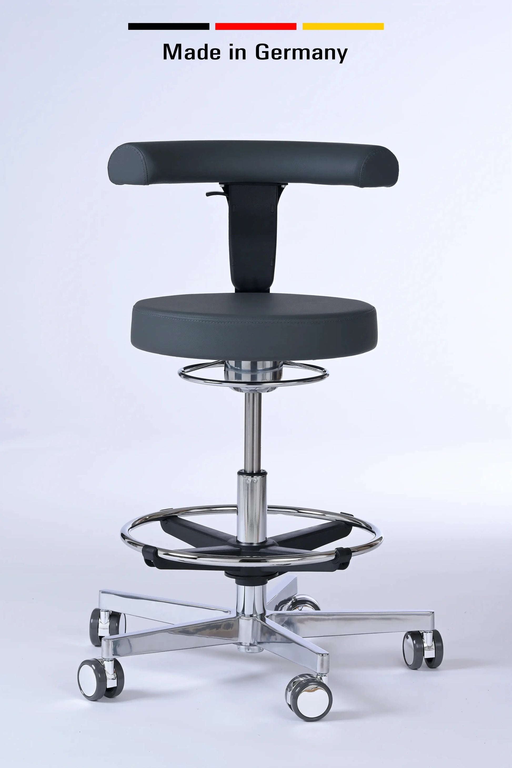 Drehhocker Lantinus – Gestell chrom mit Rollen und Rückenlehne – ergonomischer Praxishocker Lacontaire