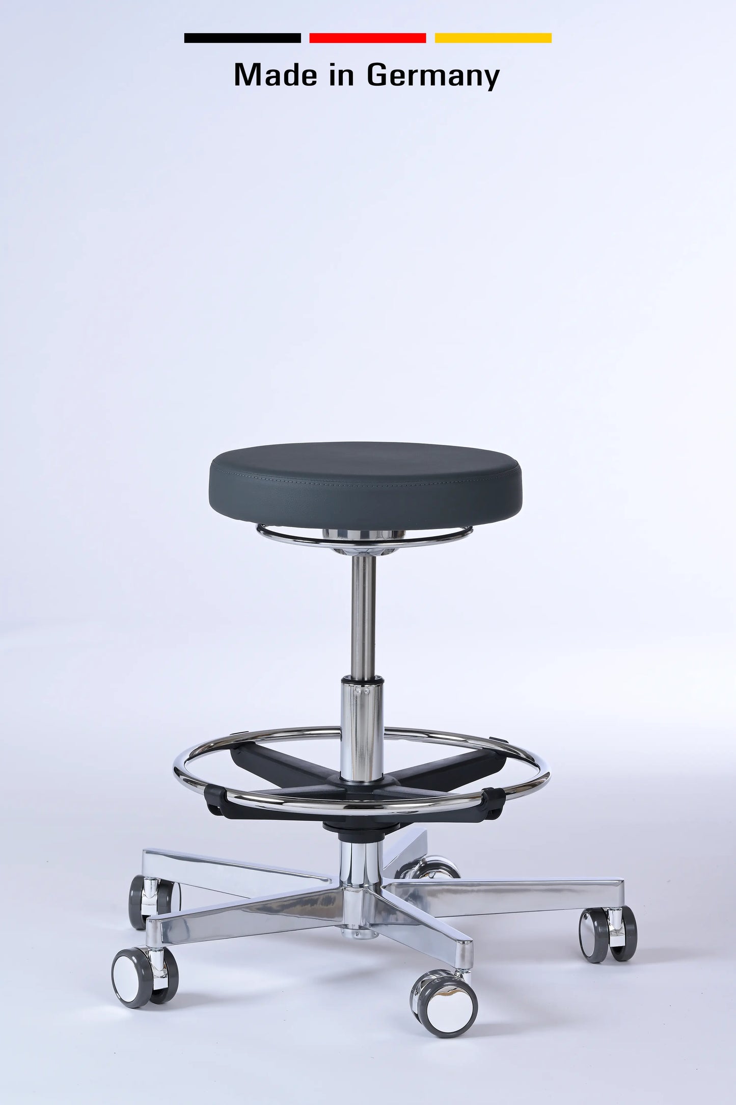 Drehhocker Lantinus – Gestell chrom mit Rollen – ergonomischer Praxishocker Lacontaire