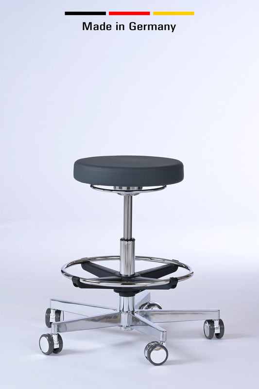 Drehhocker Lantinus – Gestell chrom mit Rollen – ergonomischer Praxishocker Lacontaire