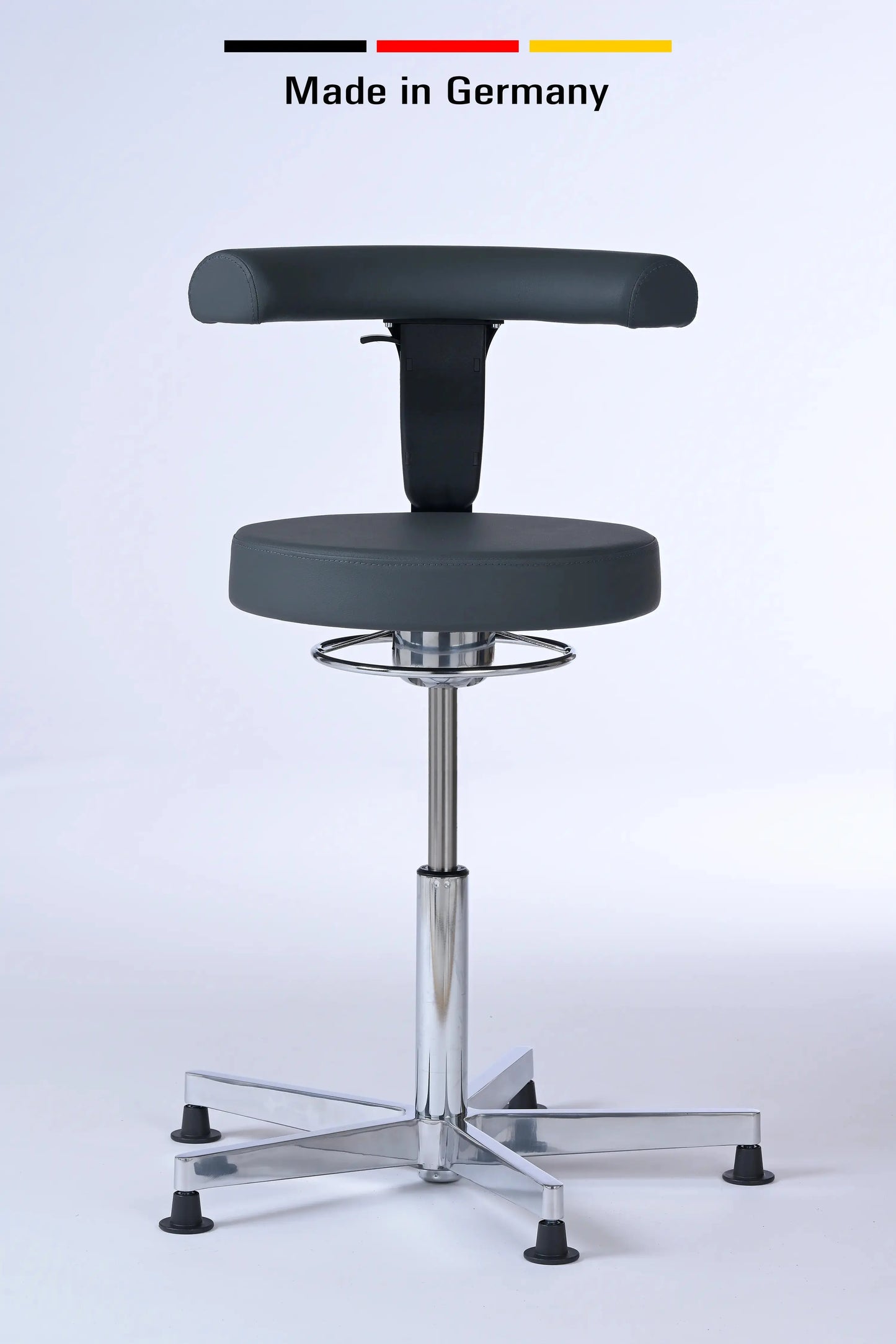 Drehhocker Lantinus – Gestell chrom mit Gleitern und Rückenlehne – ergonomischer Praxishocker Lacontaire