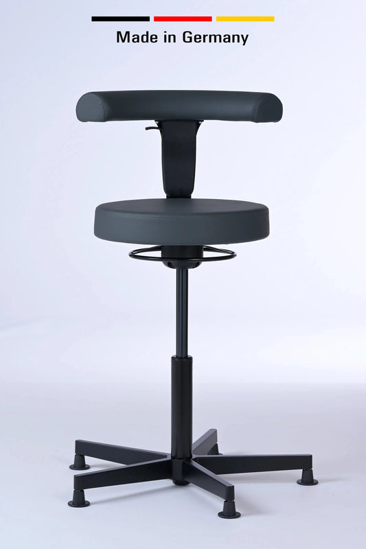 Stehhocker mit Rückenlehne Lantinus – Gestell Aluminium mit Gleitern – ergonomischer Drehhocker - Made in Germany - Lacontaire