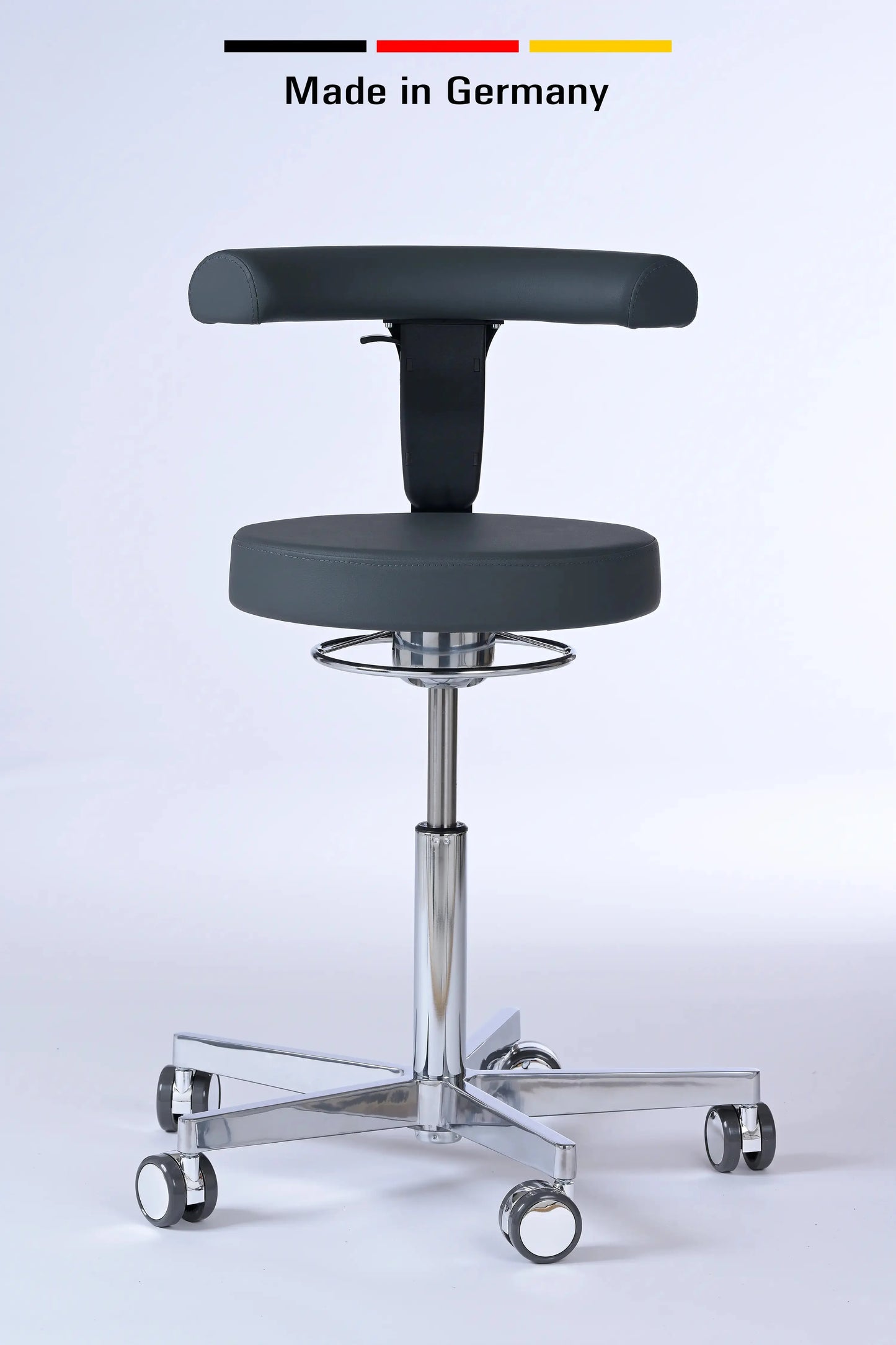 Drehhocker Lantinus – Gestell chrom mit Rollen und Rückenlehne – ergonomischer Praxishocker Lacontaire