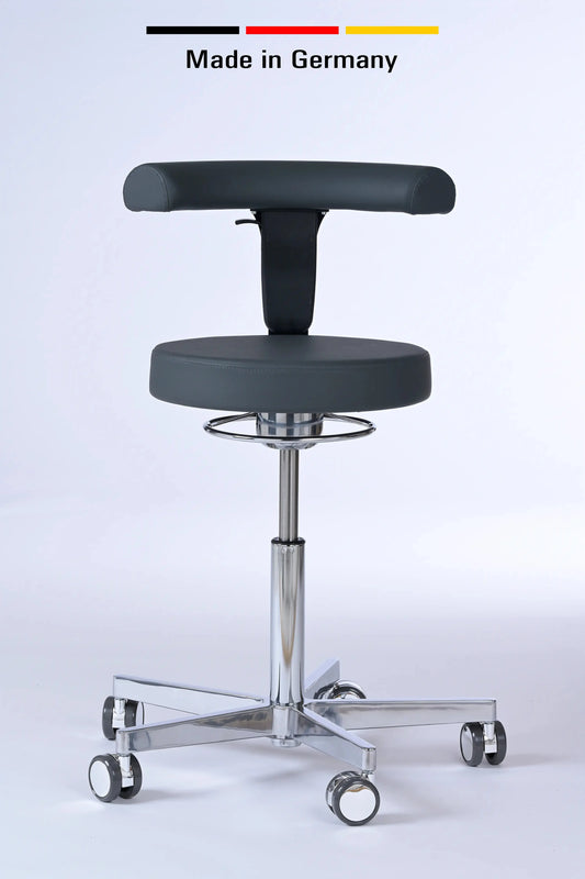 Drehhocker Lantinus – Gestell chrom mit Rollen und Rückenlehne – ergonomischer Praxishocker Lacontaire