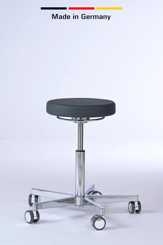 Drehhocker Lantinus – Gestell chrom mit Rollen – ergonomischer Praxishocker Lacontaire