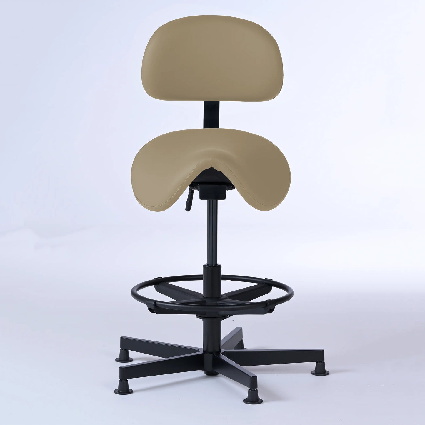 Stehhocker mit Rückenlehne Garwin – Gestell Aluminium mit Gleitern - ergonomischer Sattelhocker - beige (4911) / Mit Fußstütze - Lacontaire