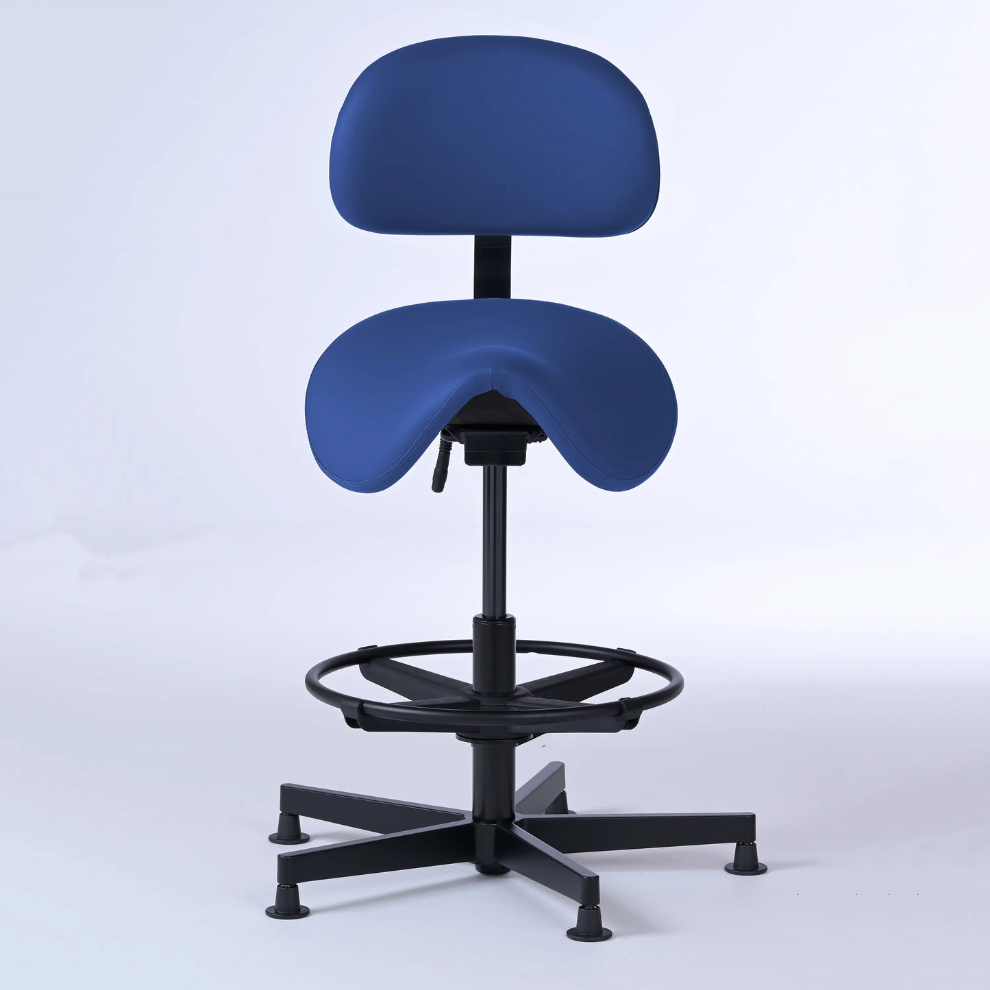Stehhocker mit Rückenlehne Garwin – Gestell Aluminium mit Gleitern - ergonomischer Sattelhocker - blau (4965) / Mit Fußstütze - Lacontaire