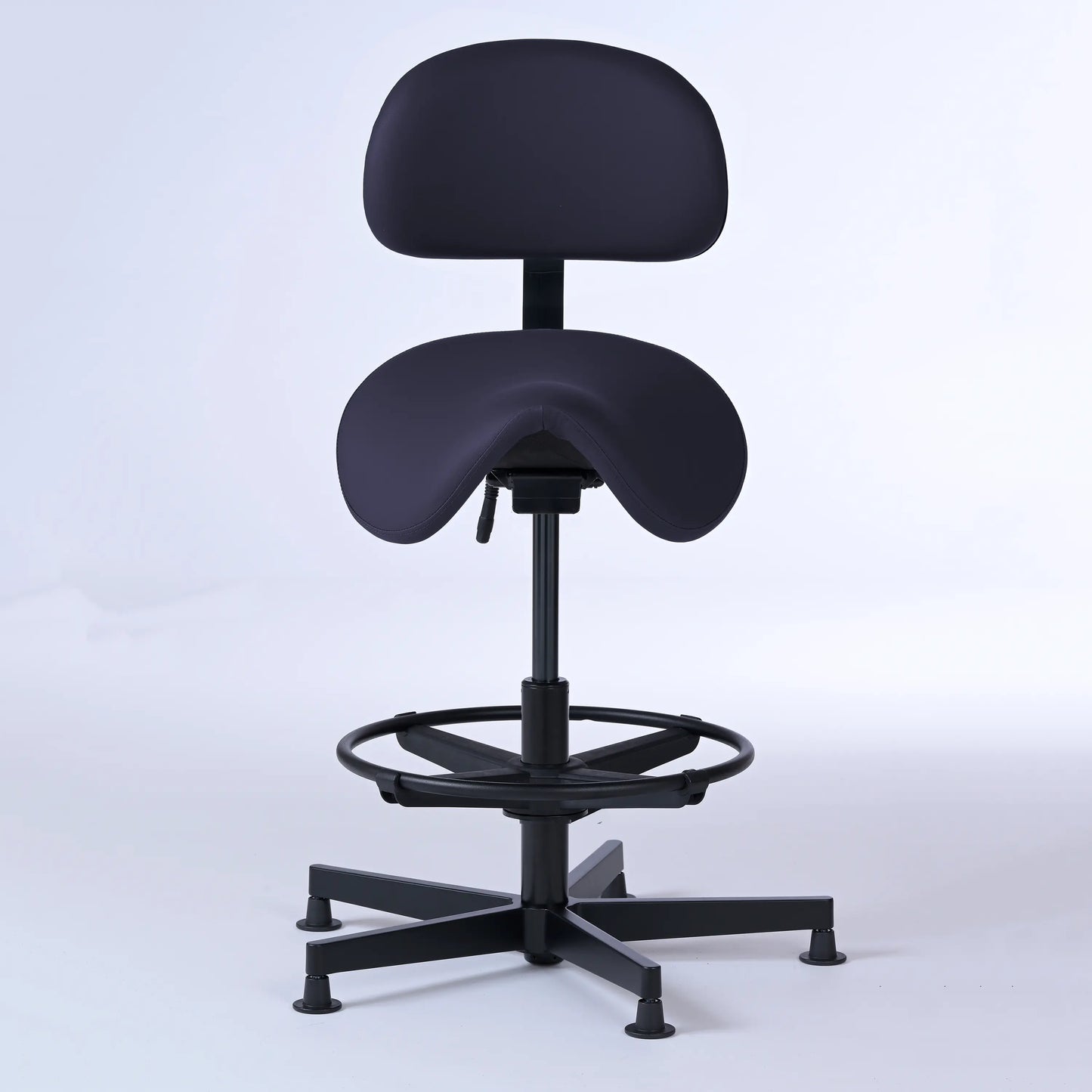 Stehhocker mit Rückenlehne Garwin – Gestell Aluminium mit Gleitern - ergonomischer Sattelhocker - dunkelblau (4966) / Mit Fußstütze - Lacontaire