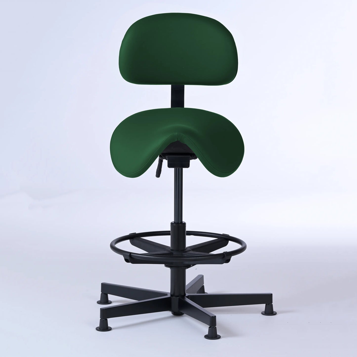 Stehhocker mit Rückenlehne Garwin – Gestell Aluminium mit Gleitern - ergonomischer Sattelhocker - dunkelgrün (4944) / Mit Fußstütze - Lacontaire