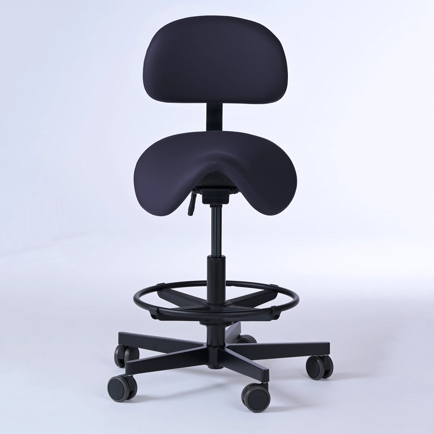 Sattelhocker mit Rückenlehne Garwin – Gestell Aluminium mit Rollen – ergonomischer Sattelstuhl - dunkelblau (4966) / Mit Fußstütze -Lacontaire