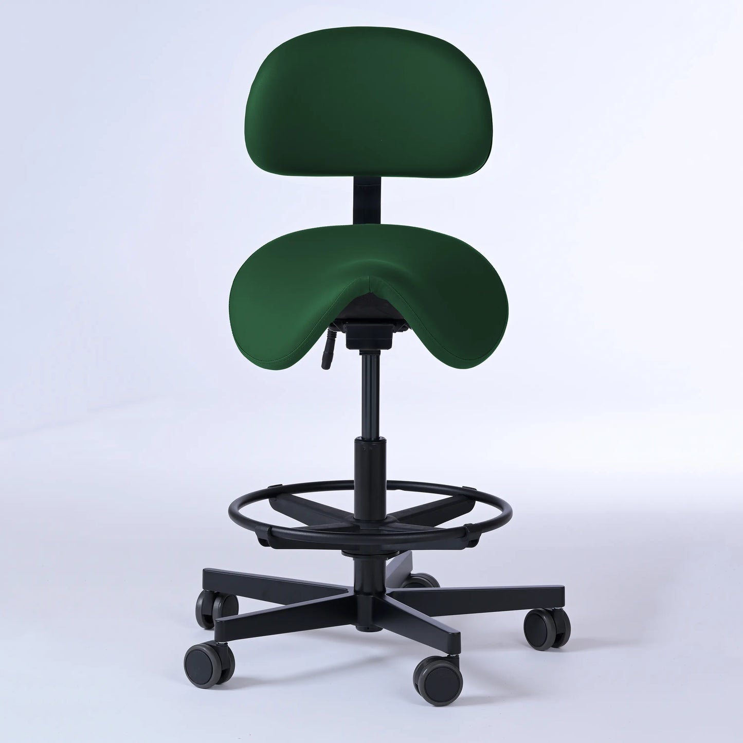 Sattelhocker mit Rückenlehne Garwin – Gestell Aluminium mit Rollen – ergonomischer Sattelstuhl - dunkelgrün (4944) / Mit Fußstütze -Lacontaire