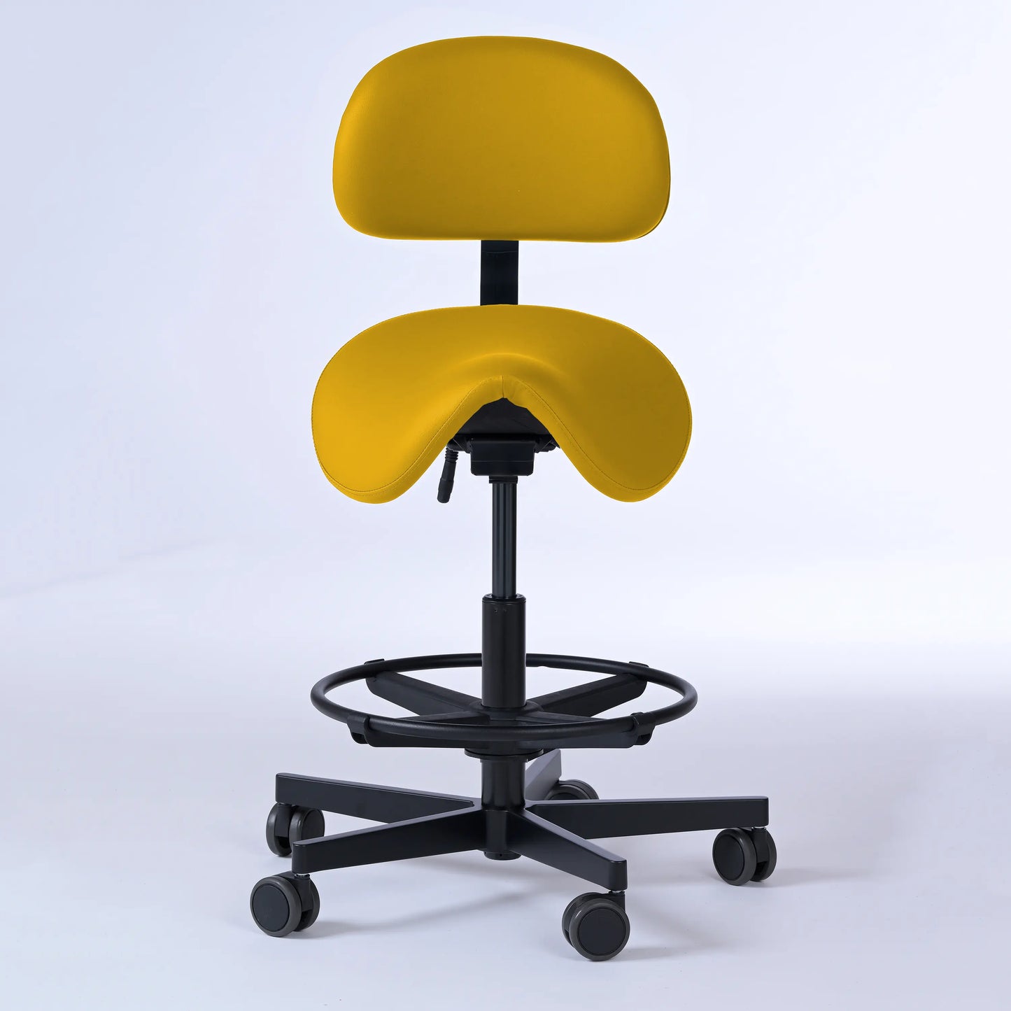 Sattelhocker mit Rückenlehne Garwin – Gestell Aluminium mit Rollen – ergonomischer Sattelstuhl - gelb (4924) / Mit Fußstütze -Lacontaire