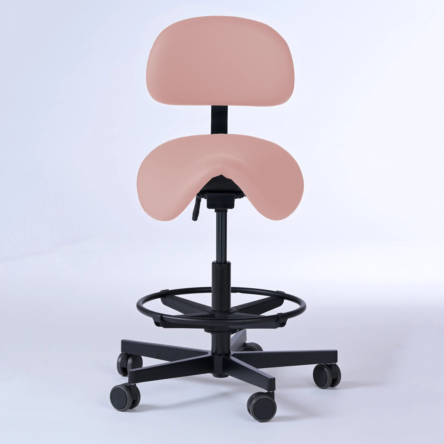 Sattelhocker mit Rückenlehne Garwin – Gestell Aluminium mit Rollen – ergonomischer Sattelstuhl - rosa (4956) / Mit Fußstütze -Lacontaire