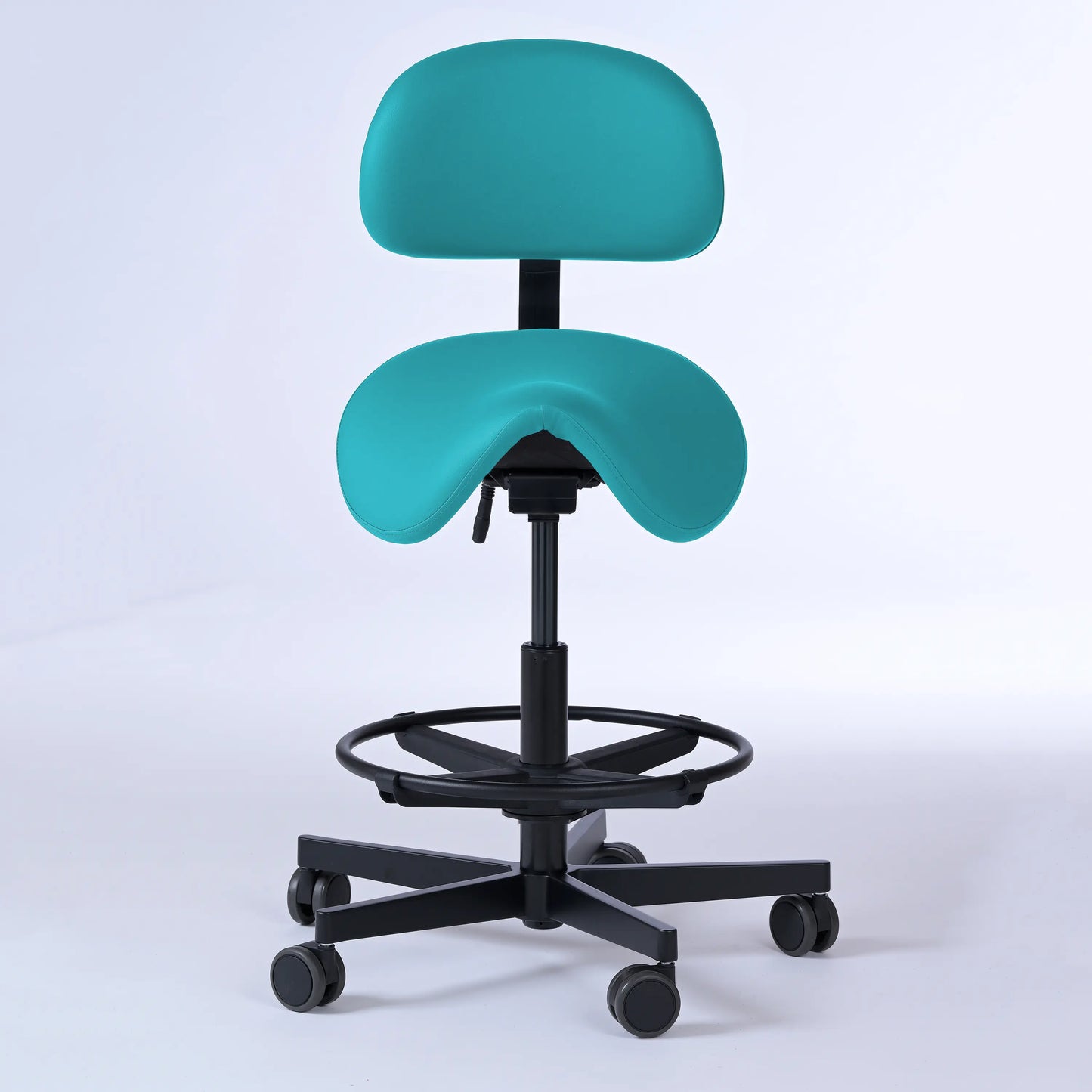 Sattelhocker mit Rückenlehne Garwin – Gestell Aluminium mit Rollen – ergonomischer Sattelstuhl - türkis (4946) / Mit Fußstütze -Lacontaire