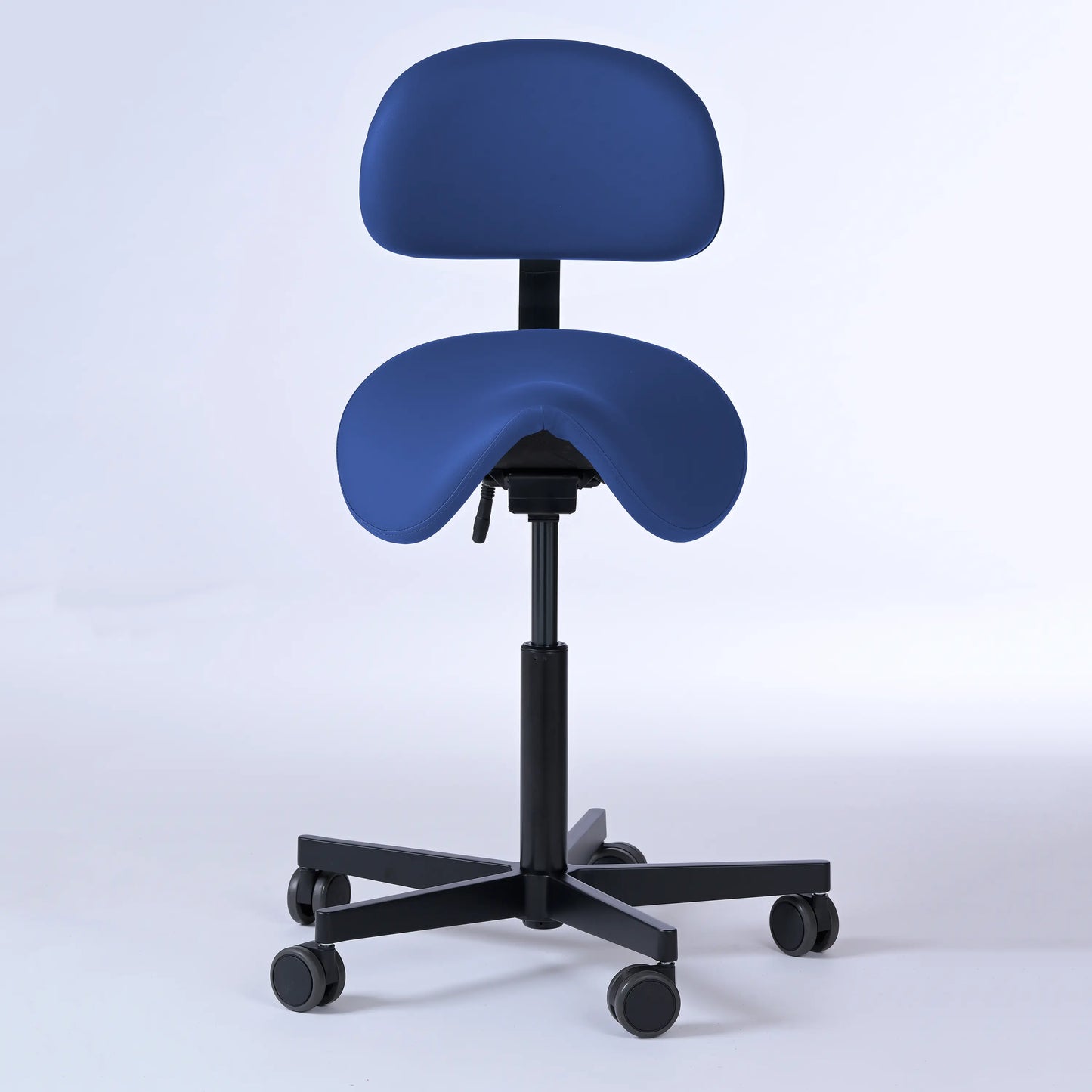 Sattelhocker mit Rückenlehne Garwin – Gestell Aluminium mit Rollen – ergonomischer Sattelstuhl - blau (4965) / Ohne Fußstütze -Lacontaire