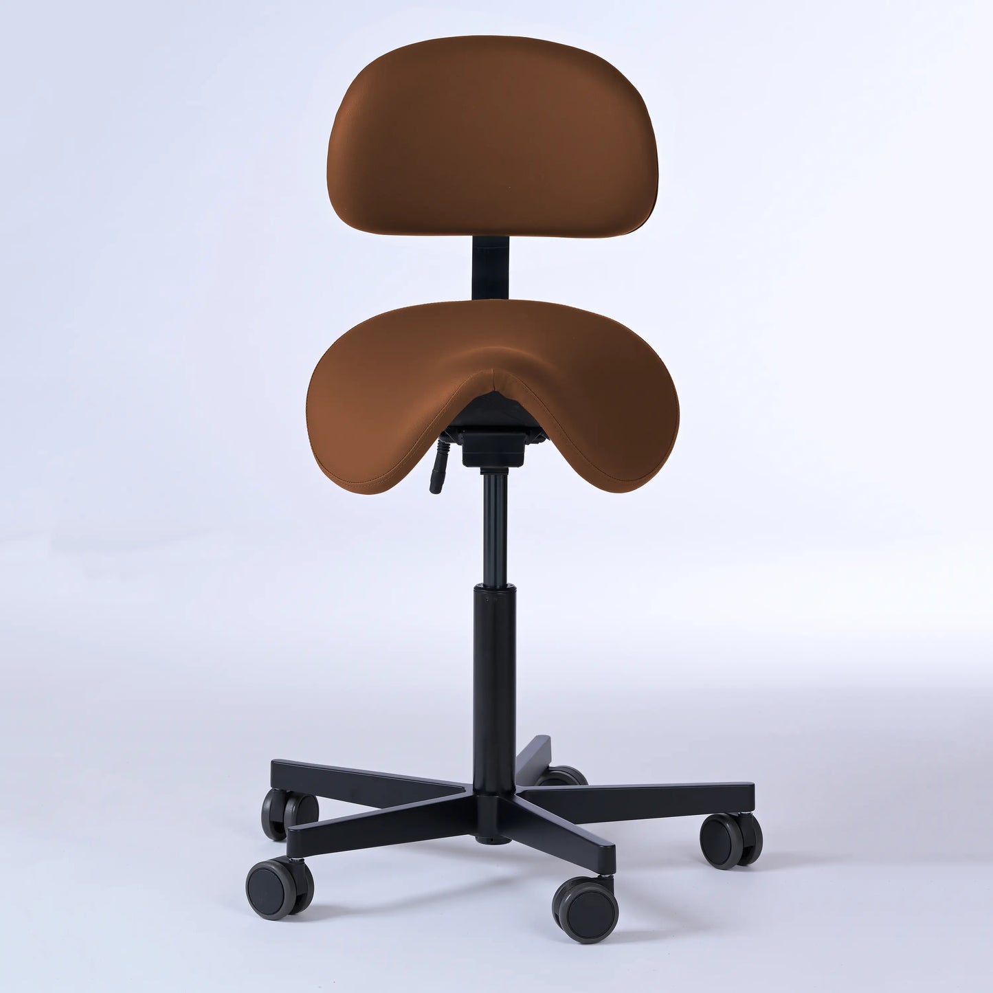 Sattelhocker mit Rückenlehne Garwin – Gestell Aluminium mit Rollen – ergonomischer Sattelstuhl - braun (4932) / Ohne Fußstütze -Lacontaire