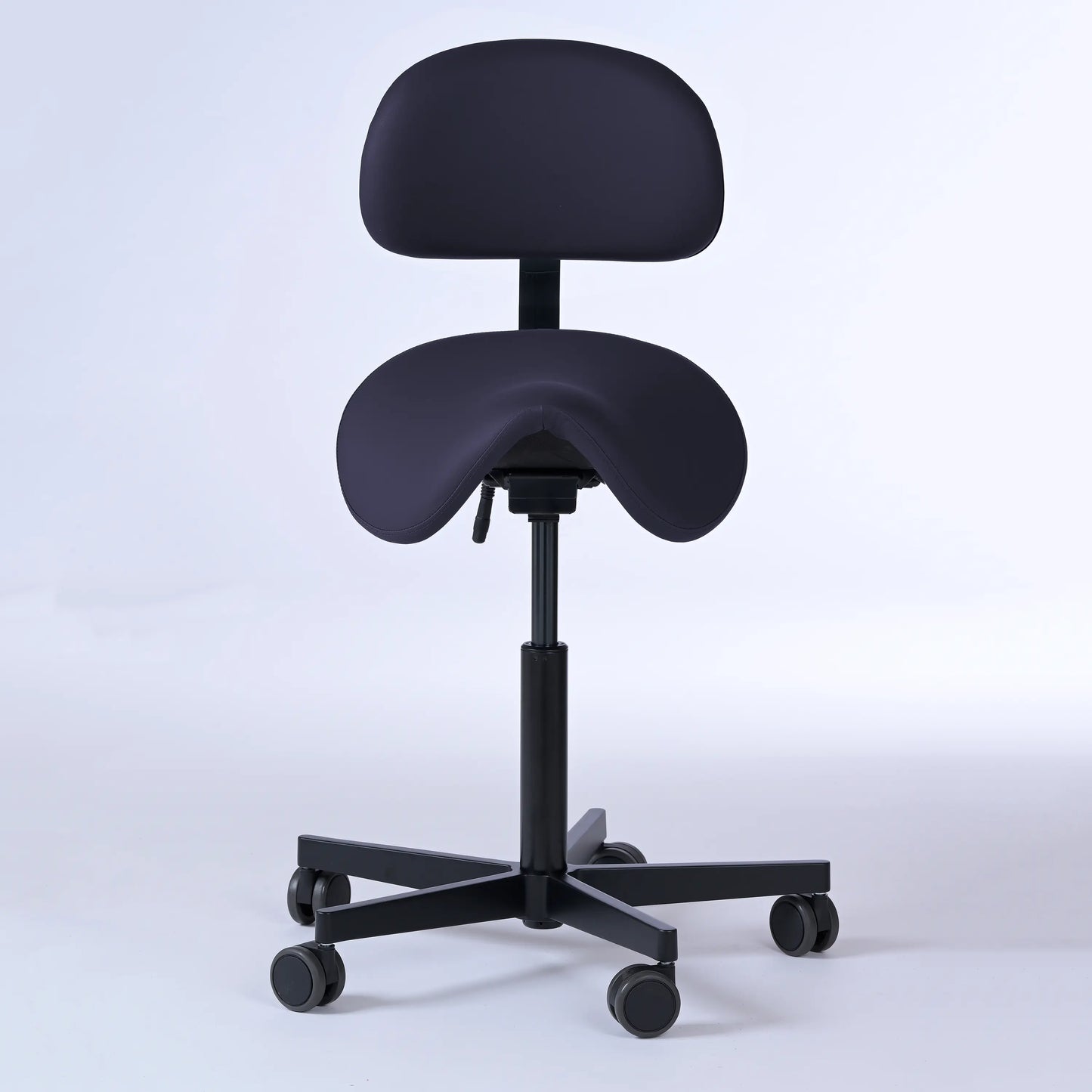 Sattelhocker mit Rückenlehne Garwin – Gestell Aluminium mit Rollen – ergonomischer Sattelstuhl - dunkelblau (4966) / Ohne Fußstütze -Lacontaire