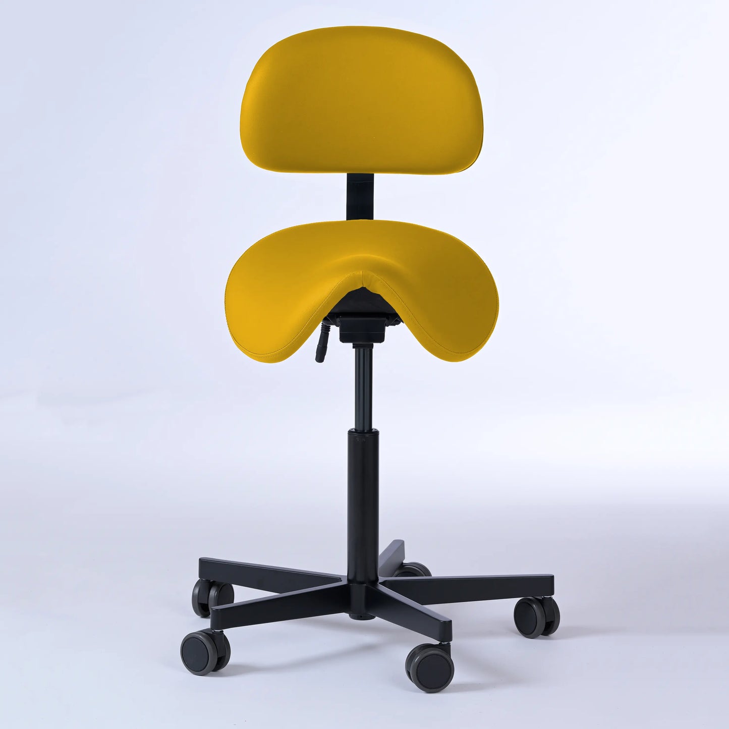 Sattelhocker mit Rückenlehne Garwin – Gestell Aluminium mit Rollen – ergonomischer Sattelstuhl - gelb (4924) / Ohne Fußstütze -Lacontaire