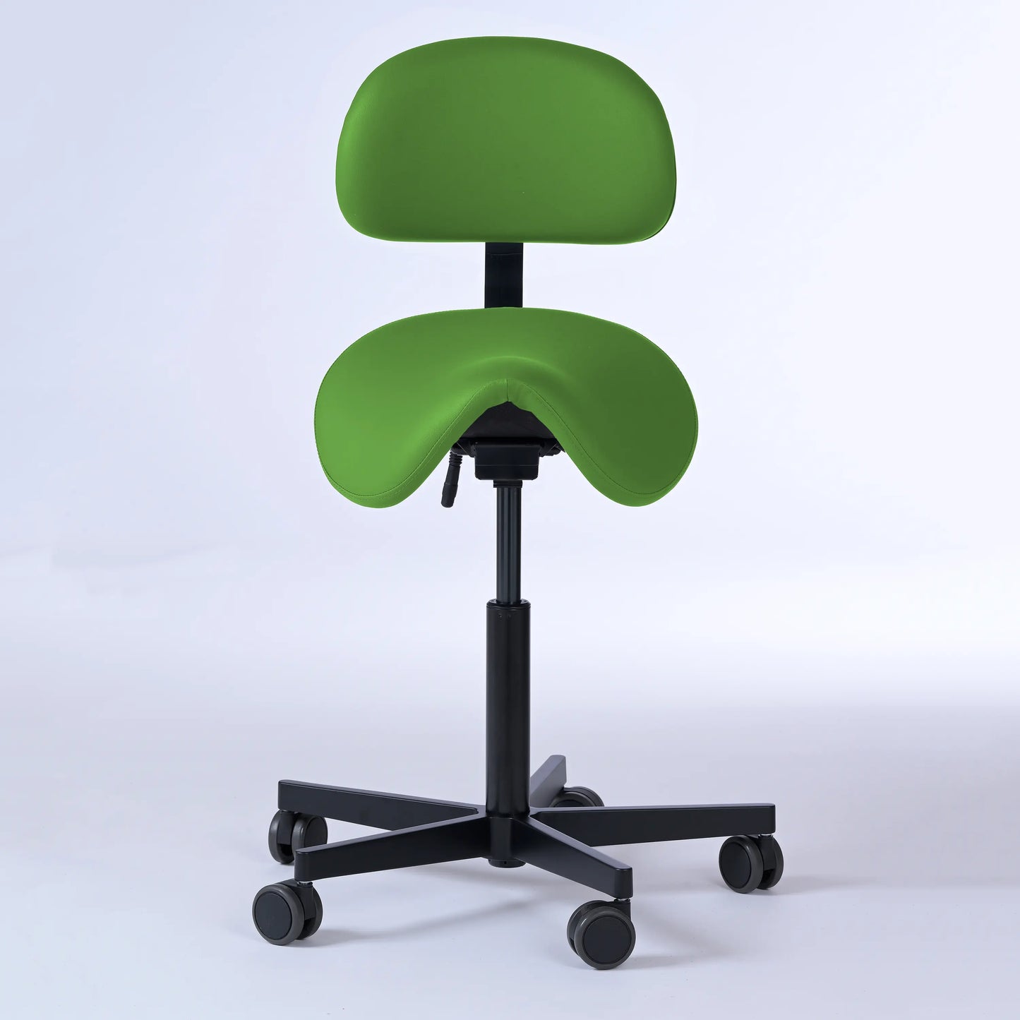 Sattelhocker mit Rückenlehne Garwin – Gestell Aluminium mit Rollen – ergonomischer Sattelstuhl - grün (4941) / Ohne Fußstütze -Lacontaire