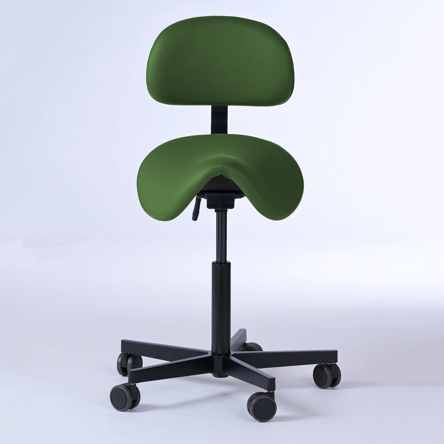 Sattelhocker mit Rückenlehne Garwin – Gestell Aluminium mit Rollen – ergonomischer Sattelstuhl - olivgrün (4943) / Ohne Fußstütze -Lacontaire