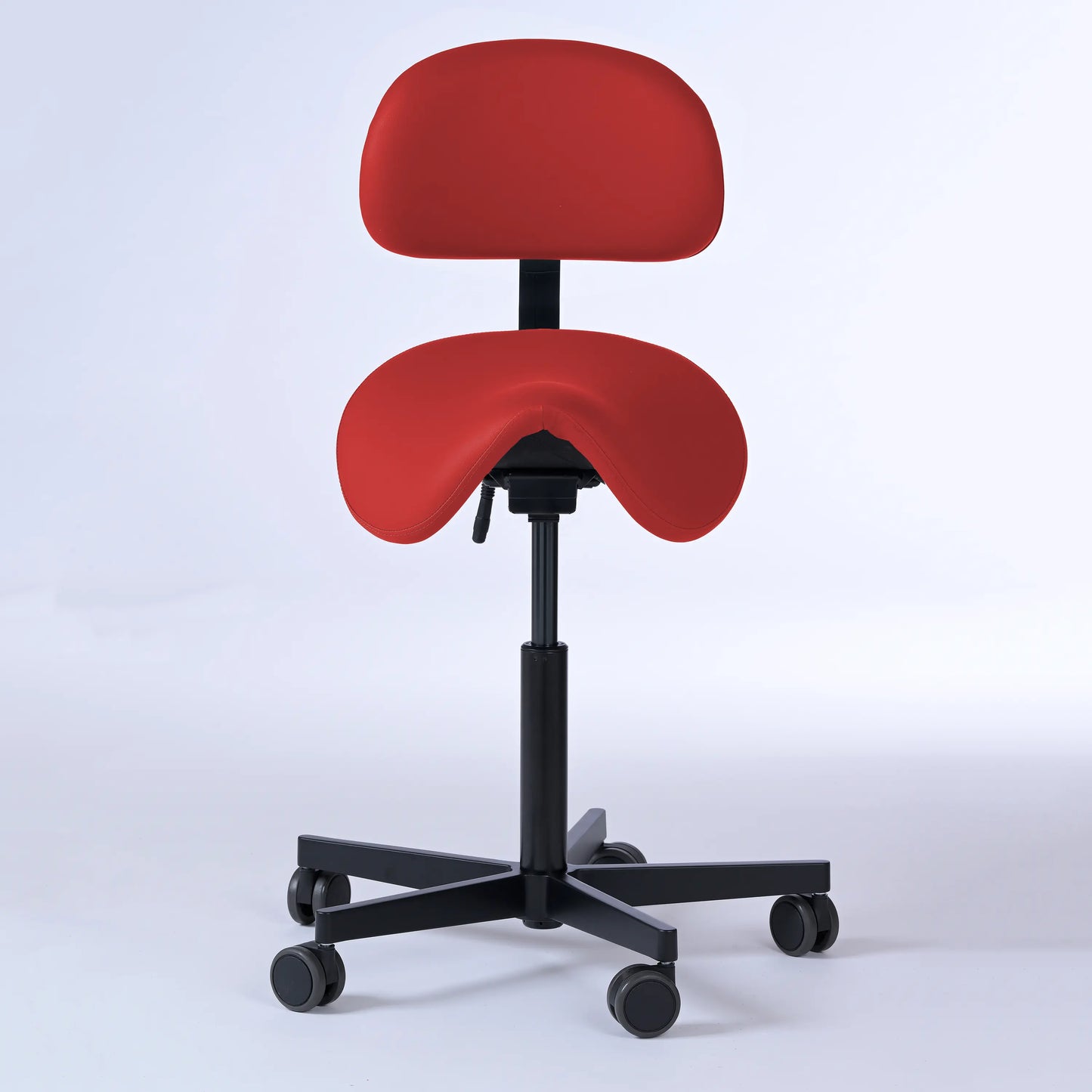 Sattelhocker mit Rückenlehne Garwin – Gestell Aluminium mit Rollen – ergonomischer Sattelstuhl - rot (4952) / Ohne Fußstütze -Lacontaire