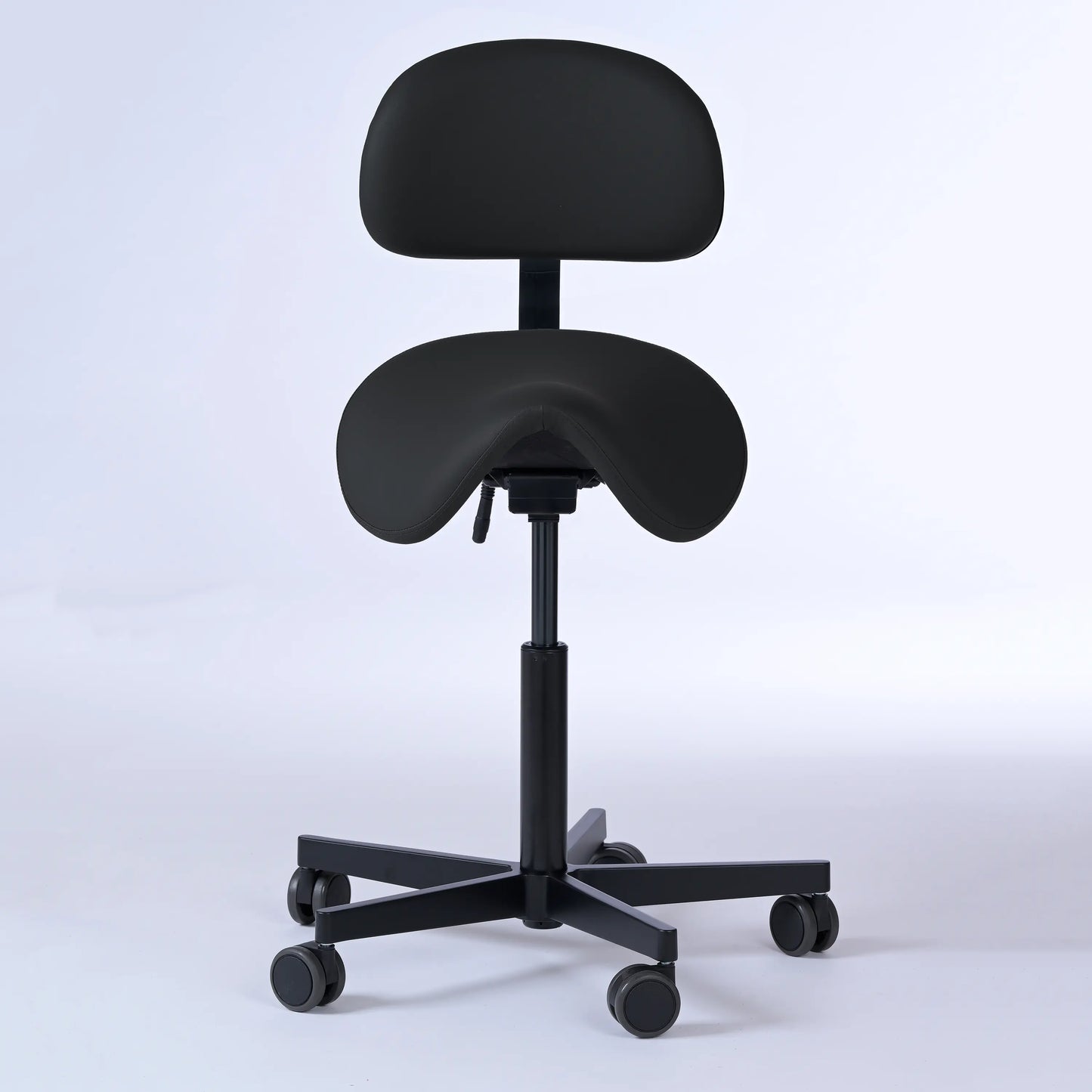 Sattelhocker mit Rückenlehne Garwin – Gestell Aluminium mit Rollen – ergonomischer Sattelstuhl - schwarz (4979) / Ohne Fußstütze -Lacontaire