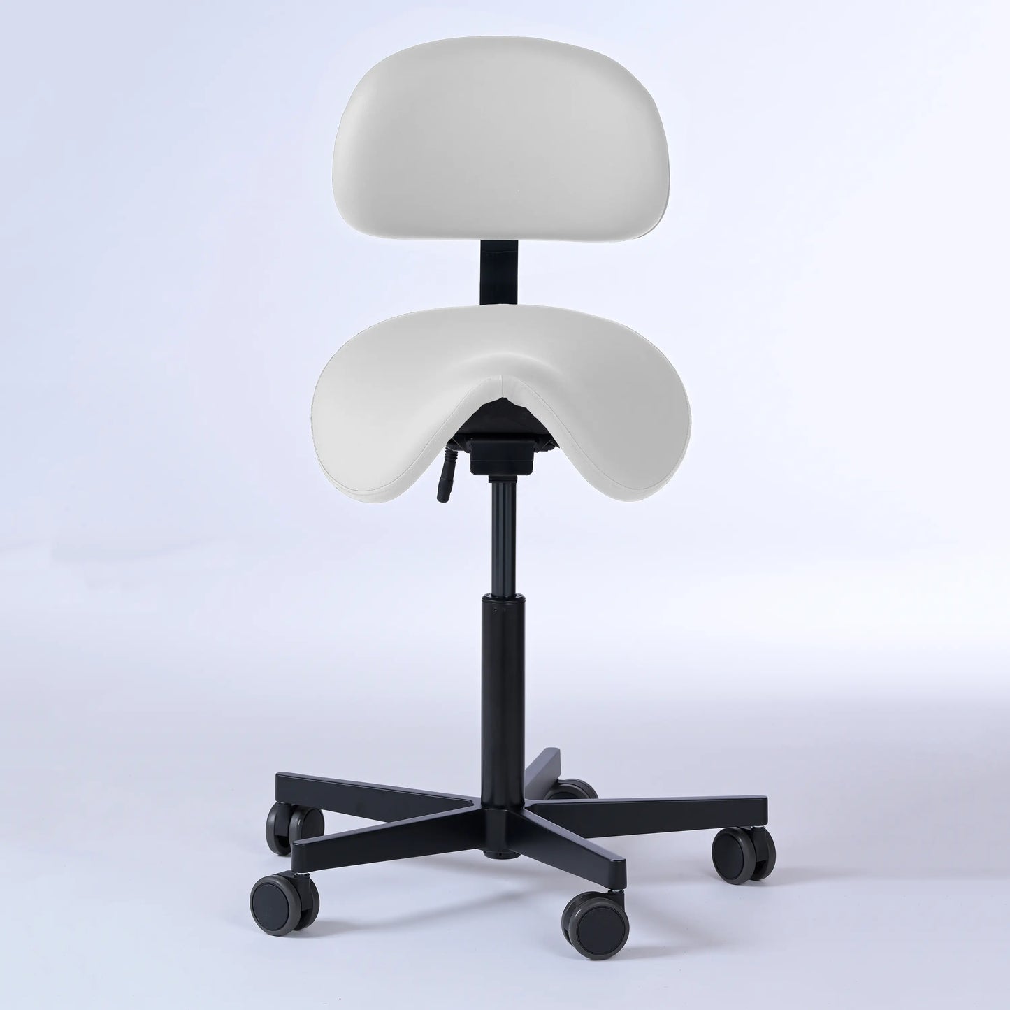 Sattelhocker mit Rückenlehne Garwin – Gestell Aluminium mit Rollen – ergonomischer Sattelstuhl - weiß (4903) / Ohne Fußstütze -Lacontaire