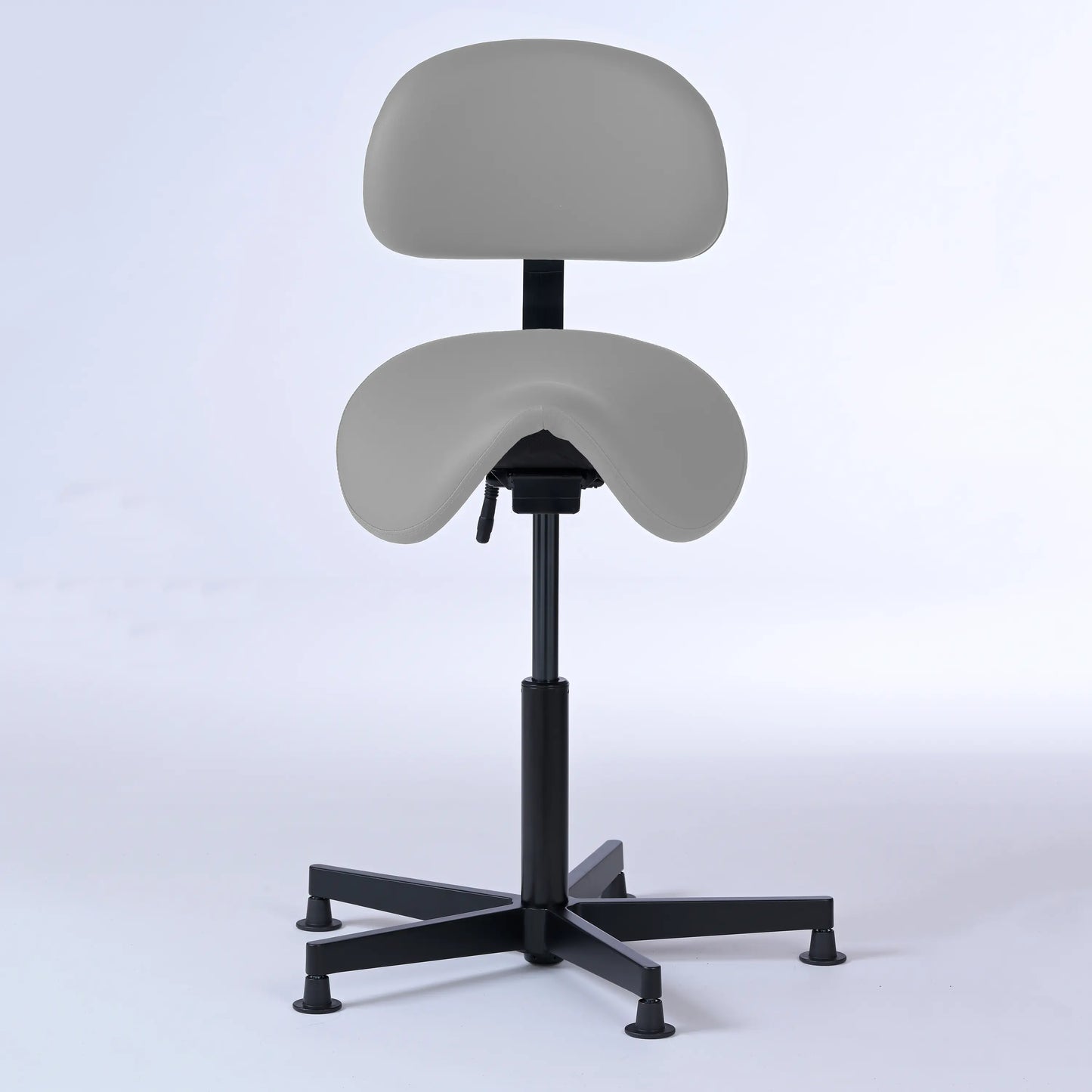 Stehhocker mit Rückenlehne Garwin – Gestell Aluminium mit Gleitern - ergonomischer Sattelhocker - hellgrau (4969) / Ohne Fußstütze - Lacontaire