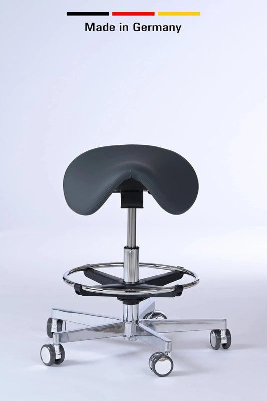 Sattelhocker Garwin – Gestell chrom mit Rollen – ergonomischer Sattelstuhl - Made in Germany - Lacontaire