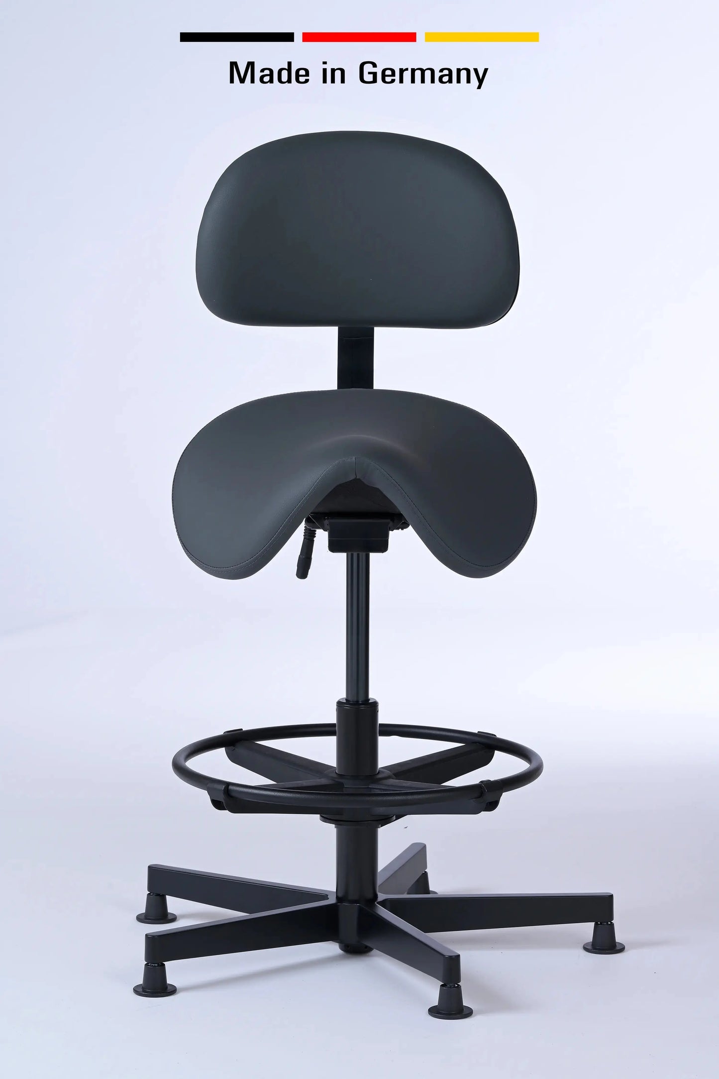 Stehhocker mit Rückenlehne Garwin – Gestell Aluminium mit Gleitern - ergonomischer Sattelhocker - Made in Germany - Lacontaire