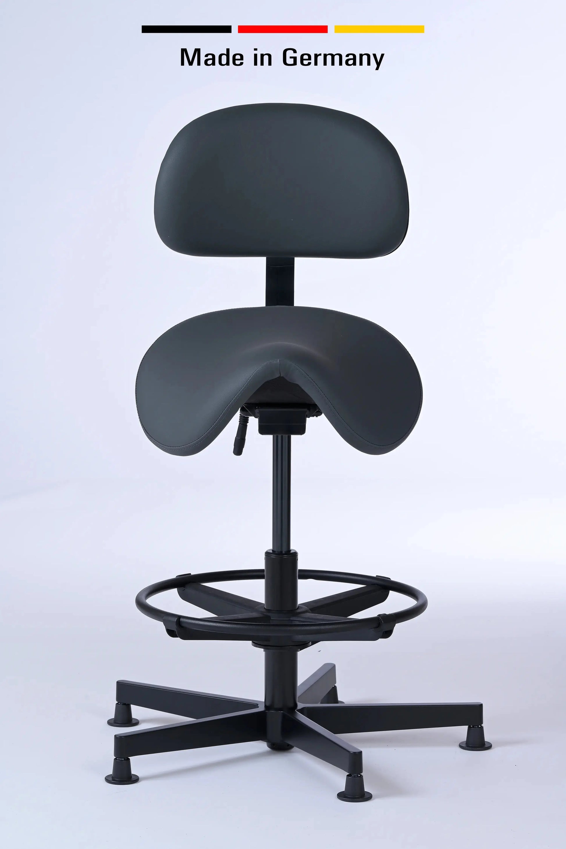 Stehhocker mit Rückenlehne Garwin – Gestell Aluminium mit Gleitern - ergonomischer Sattelhocker - Made in Germany - Lacontaire