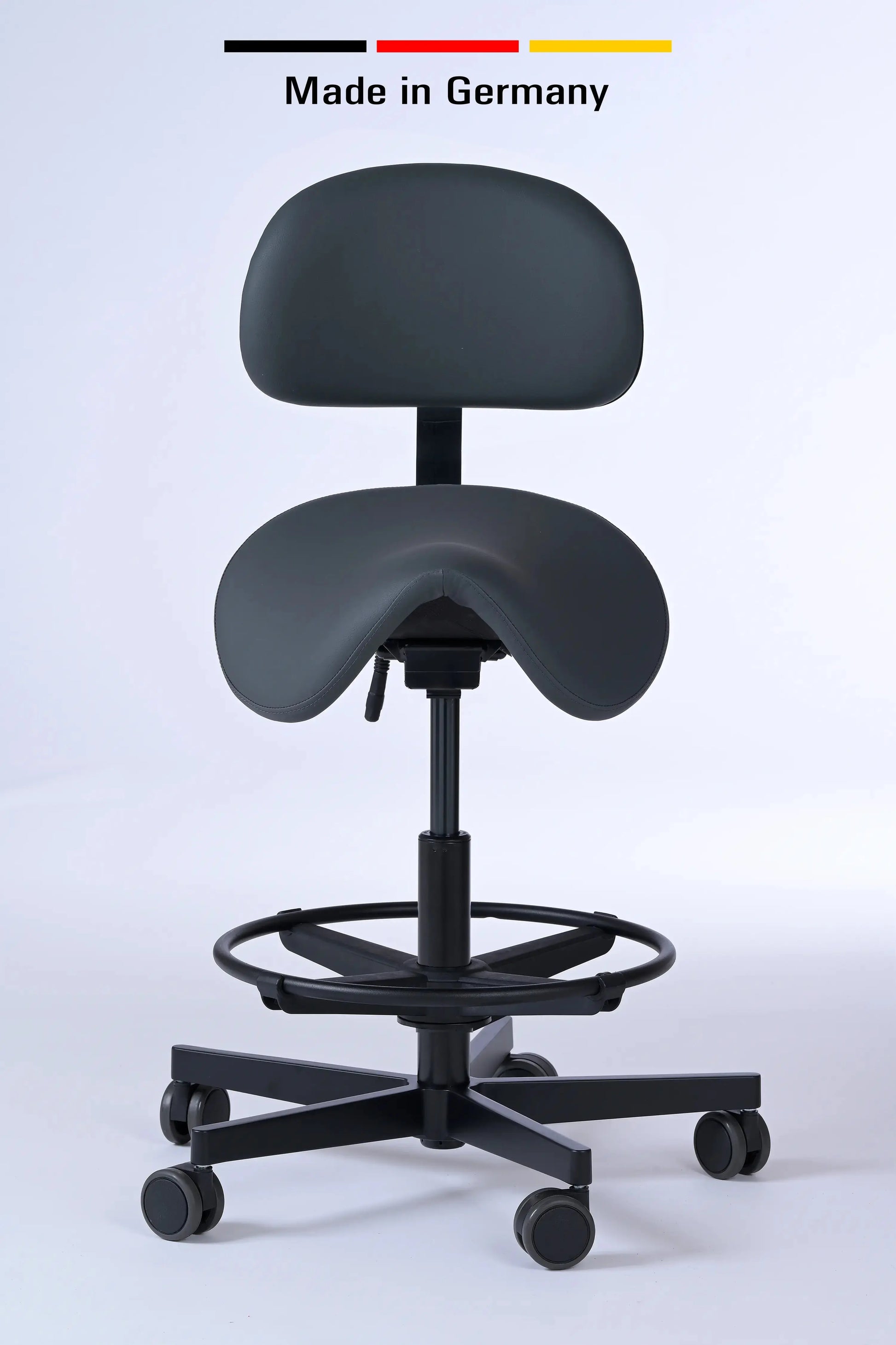 Sattelhocker mit Rückenlehne Garwin – Gestell Aluminium mit Rollen – ergonomischer Sattelstuhl - Made in Germany - Lacontaire