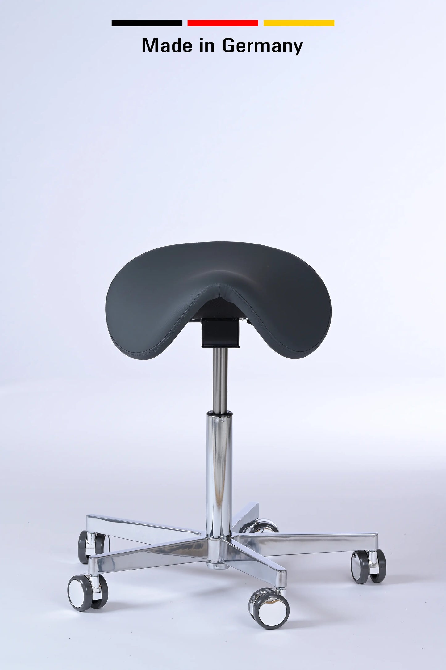 Sattelhocker Garwin – Gestell chrom mit Rollen – ergonomischer Sattelstuhl - Made in Germany - Lacontaire