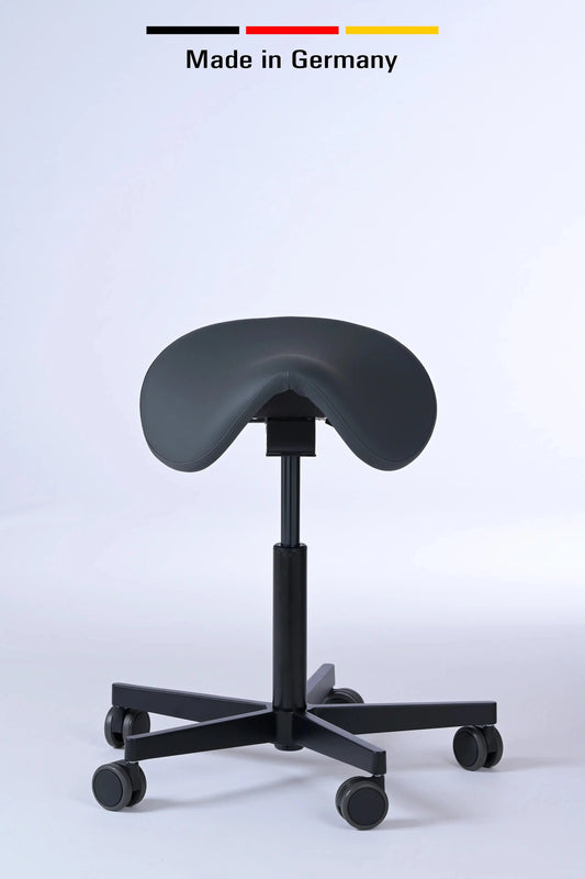 Sattelhocker Garwin – Gestell Aluminium mit Rollen - ergonomischer Sattelstuhl - Made in Germany - Lacontaire